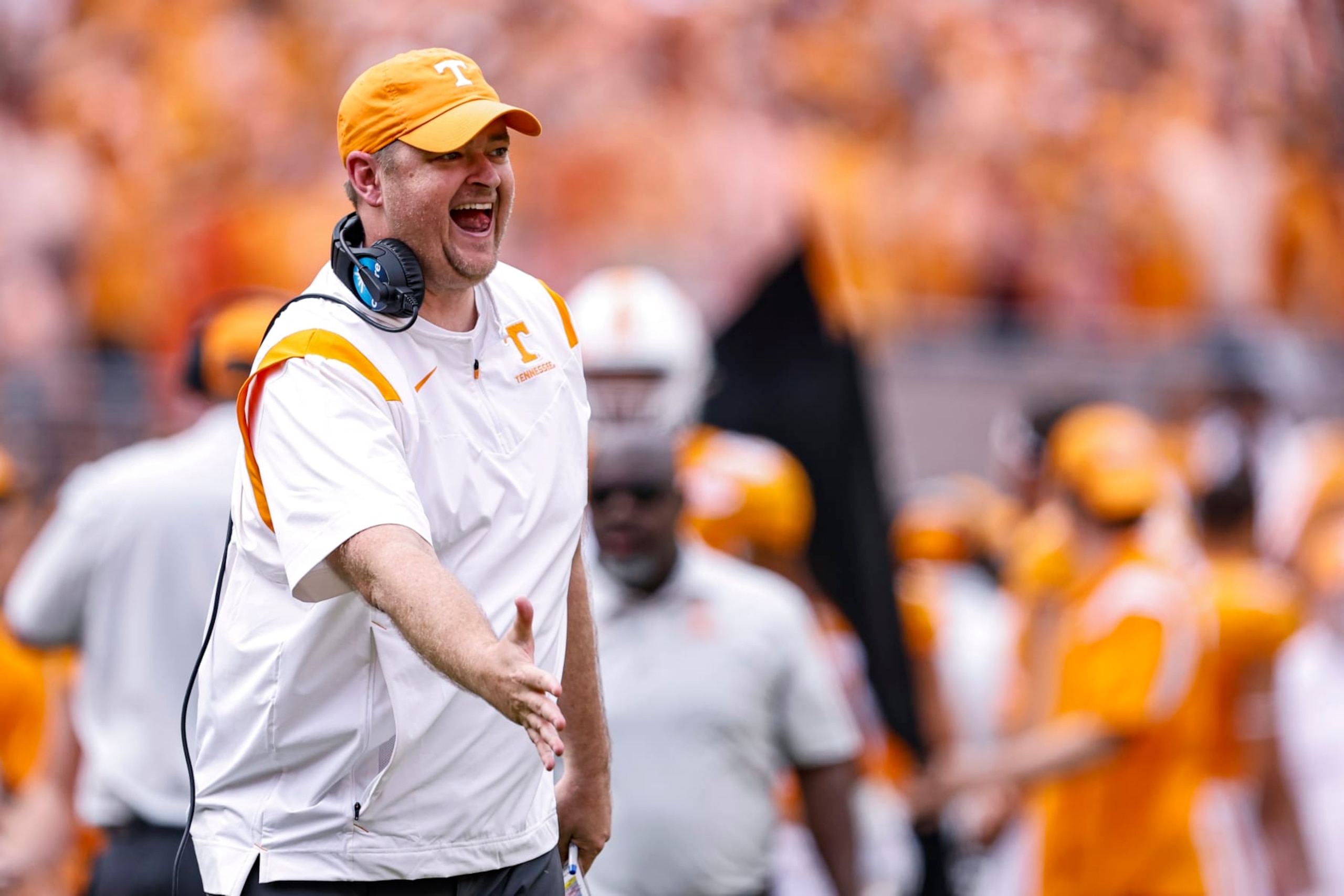 Tennessee head coach Josh Heupel reacts after a touchdown during the first half of an NCAA college football game against Alabama Saturday, Oct. 15, 2022, in Knoxville, Tenn. (AP Photo/Wade Payne) Tennessee head coach Josh Heupel reacts after a touchdown during the first half of an NCAA college football game against Alabama Saturday, Oct. 15, 2022, in Knoxville, Tenn. (AP Photo/Wade Payne)