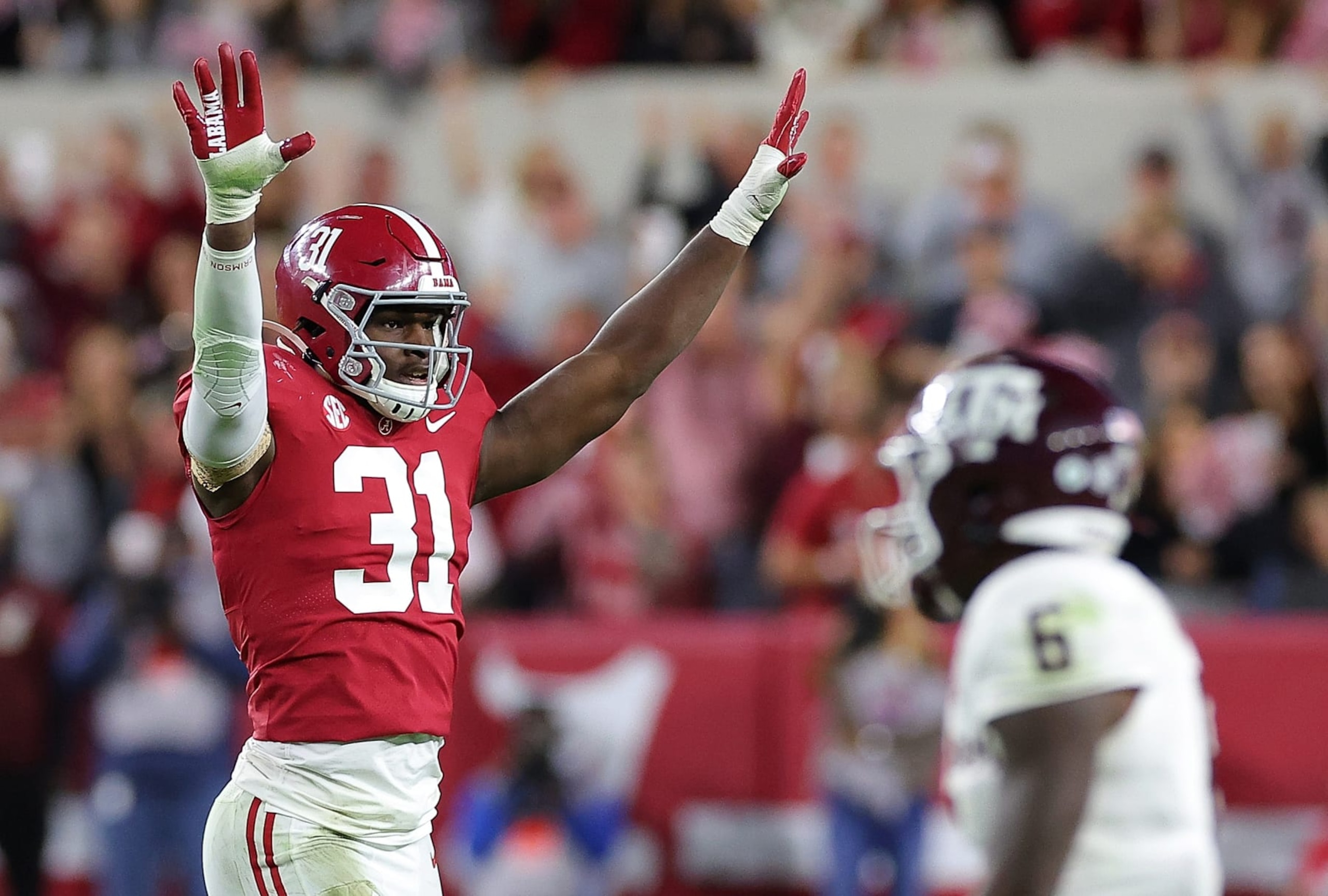 TUSCALOOSA, ALABAMA - OCTOBER 08: Will Anderson Jr. #31 of the Alabama Crimson Tide reacts after a defensive stop against the Texas A&M Aggies during the second half at Bryant-Denny Stadium on October 08, 2022 in Tuscaloosa, Alabama. (Photo by Kevin C. Cox/Getty Images) TUSCALOOSA, ALABAMA - OCTOBER 08: Will Anderson Jr. #31 of the Alabama Crimson Tide reacts after a defensive stop against the Texas A&M Aggies during the second half at Bryant-Denny Stadium on October 08, 2022 in Tuscaloosa, Alabama. (Photo by Kevin C. Cox/Getty Images)