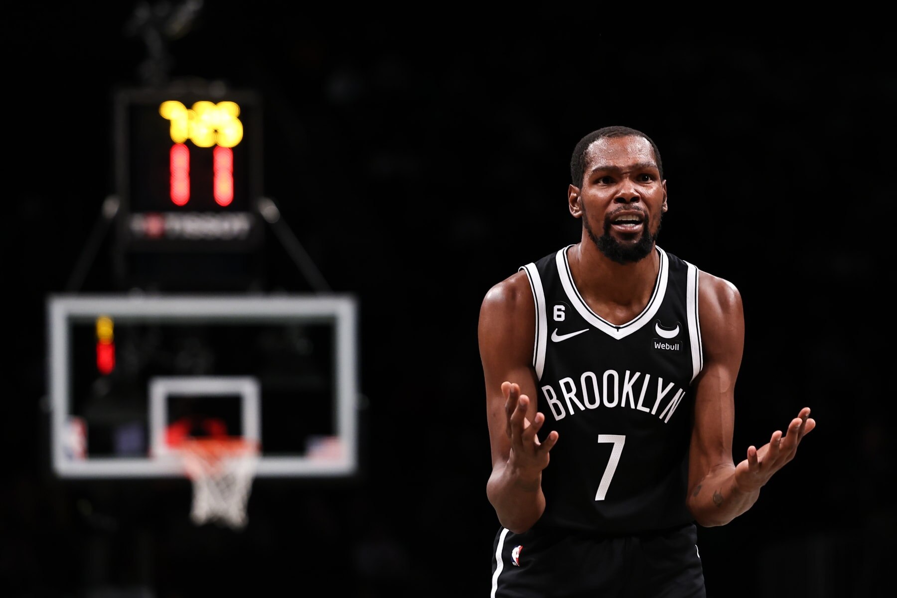 NEW YORK, NEW YORK - NOVEMBER 01: Kevin Durant #7 of the Brooklyn Nets reacts to a foul call during the first quarter of the game against the Chicago Bulls at Barclays Center on November 01, 2022 in New York City. NOTE TO USER: User expressly acknowledges and agrees that, by downloading and or using this photograph, User is consenting to the terms and conditions of the Getty Images License Agreement. (Photo by Dustin Satloff/Getty Images)