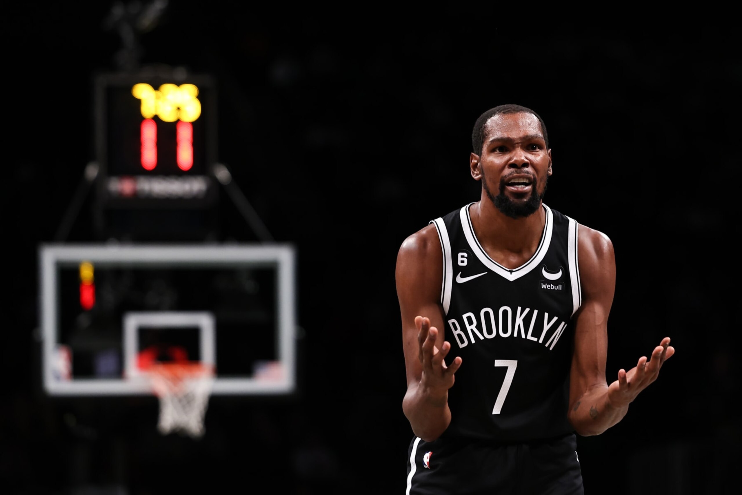 NEW YORK, NEW YORK - NOVEMBER 01: Kevin Durant #7 of the Brooklyn Nets reacts to a foul call during the first quarter of the game against the Chicago Bulls at Barclays Center on November 01, 2022 in New York City. NOTE TO USER: User expressly acknowledges and agrees that, by downloading and or using this photograph, User is consenting to the terms and conditions of the Getty Images License Agreement. (Photo by Dustin Satloff/Getty Images)