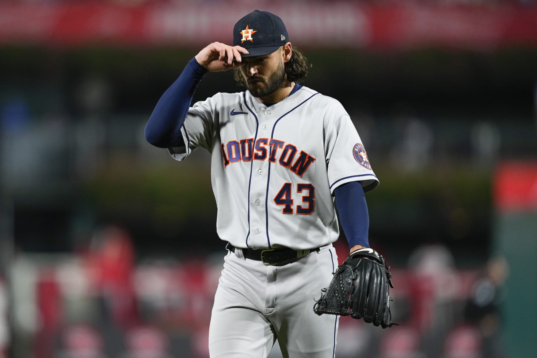 Houston Astros starting pitcher Lance McCullers Jr. leaves the game during the fifth inning in Game 3 of baseball's World Series between the Houston Astros and the Philadelphia Phillies on Tuesday, Nov. 1, 2022, in Philadelphia. (AP Photo/Matt Slocum)