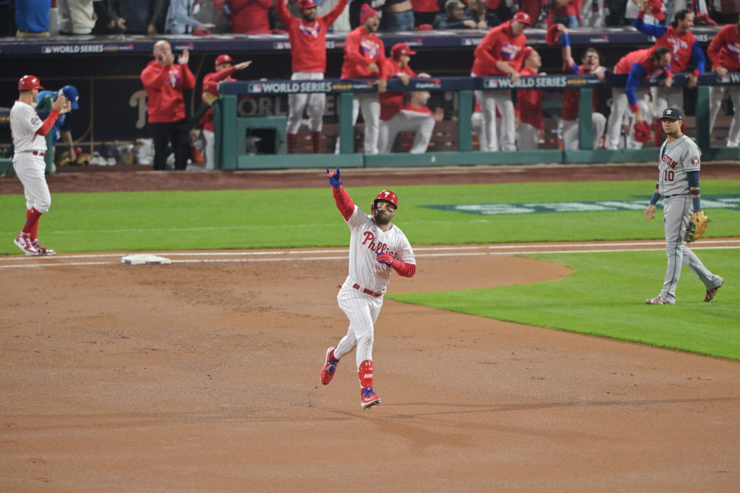 PHILADELPHIA, PA - NOVEMBER 01: Bryce Harper #3 of the Philadelphia Phillies rounds the bases after hitting a two run home run in the first inning during Game 3 of the 2022 World Series between the Houston Astros and the Philadelphia Phillies at Citizens Bank Park on Tuesday, November 1, 2022 in Philadelphia, Pennsylvania. (Photo by Drew Hallowell/MLB Photos via Getty Images)