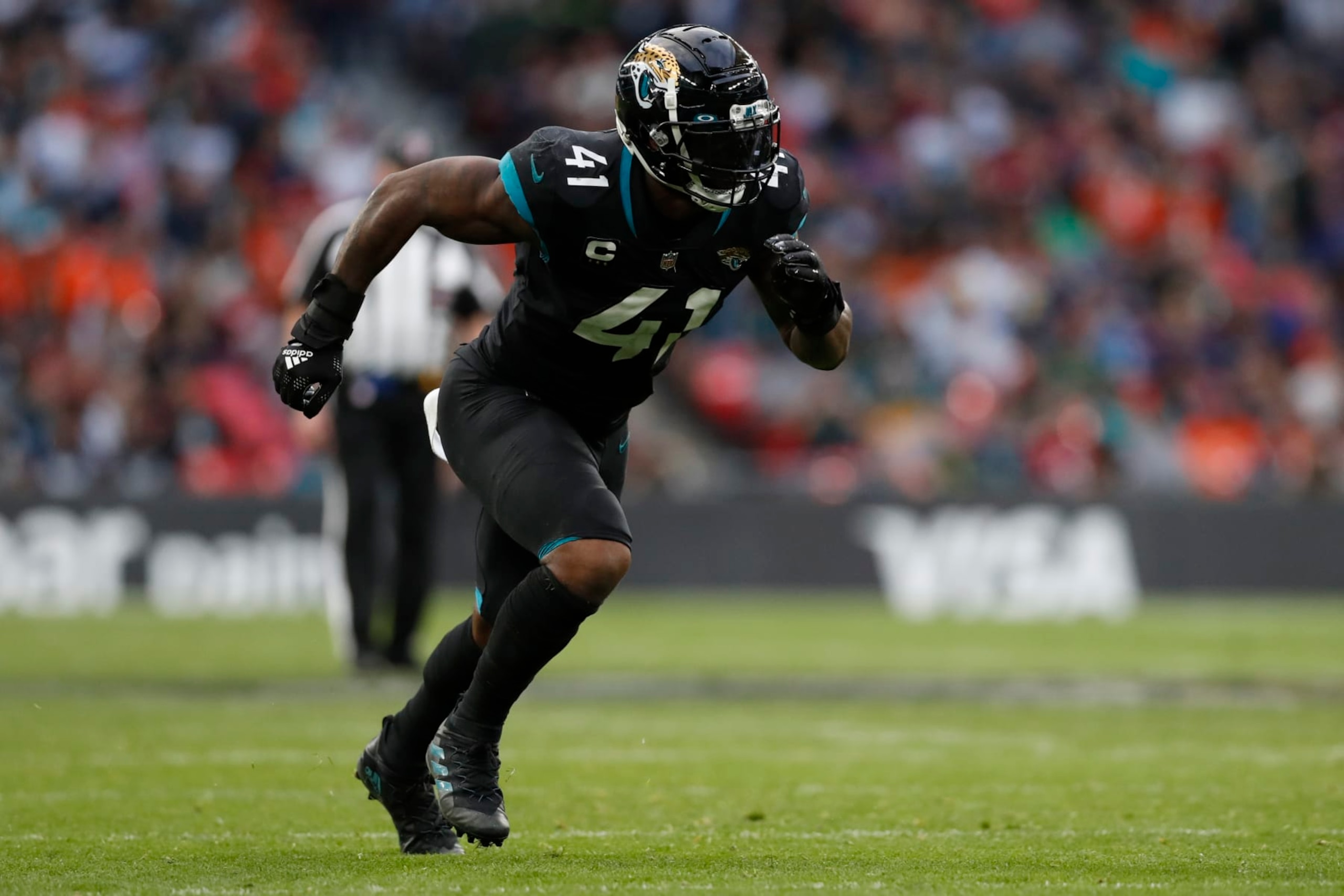 Jacksonville Jaguars linebacker Josh Allen (41) in action during an NFL football game against the Denver Broncos at Wembley Stadium in London, Sunday, Oct. 30, 2022. The Denver Broncos defeated the Jacksonville Jaguars 21-17. (AP Photo/Steve Luciano)