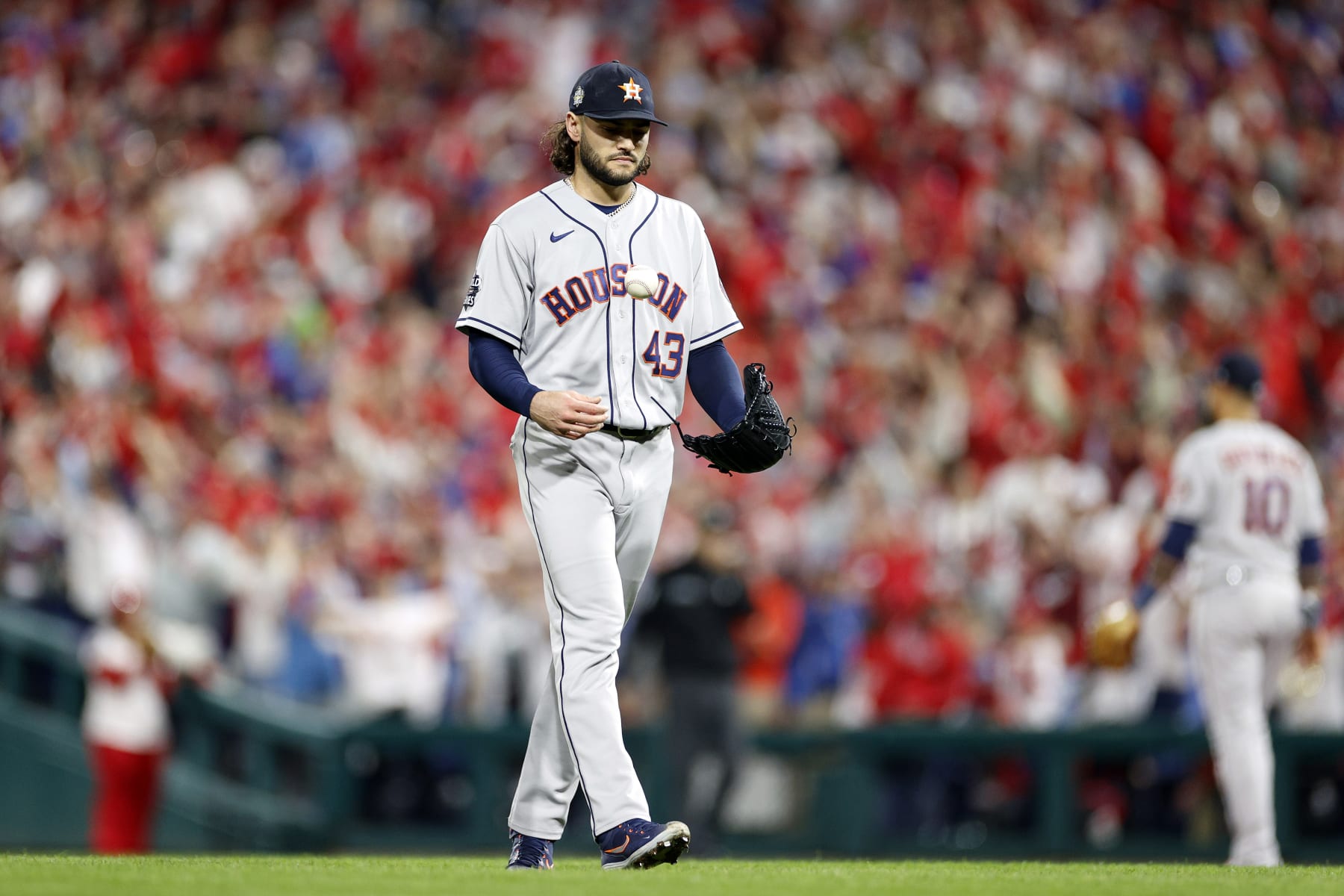 PHILADELPHIA, PENNSYLVANIA - NOVEMBER 01: Lance McCullers Jr. #43 of the Houston Astros reacts after giving up a two-run home run against Bryce Harper #3 of the Philadelphia Phillies during the first inning in Game Three of the 2022 World Series at Citizens Bank Park on November 01, 2022 in Philadelphia, Pennsylvania. (Photo by Sarah Stier/Getty Images)