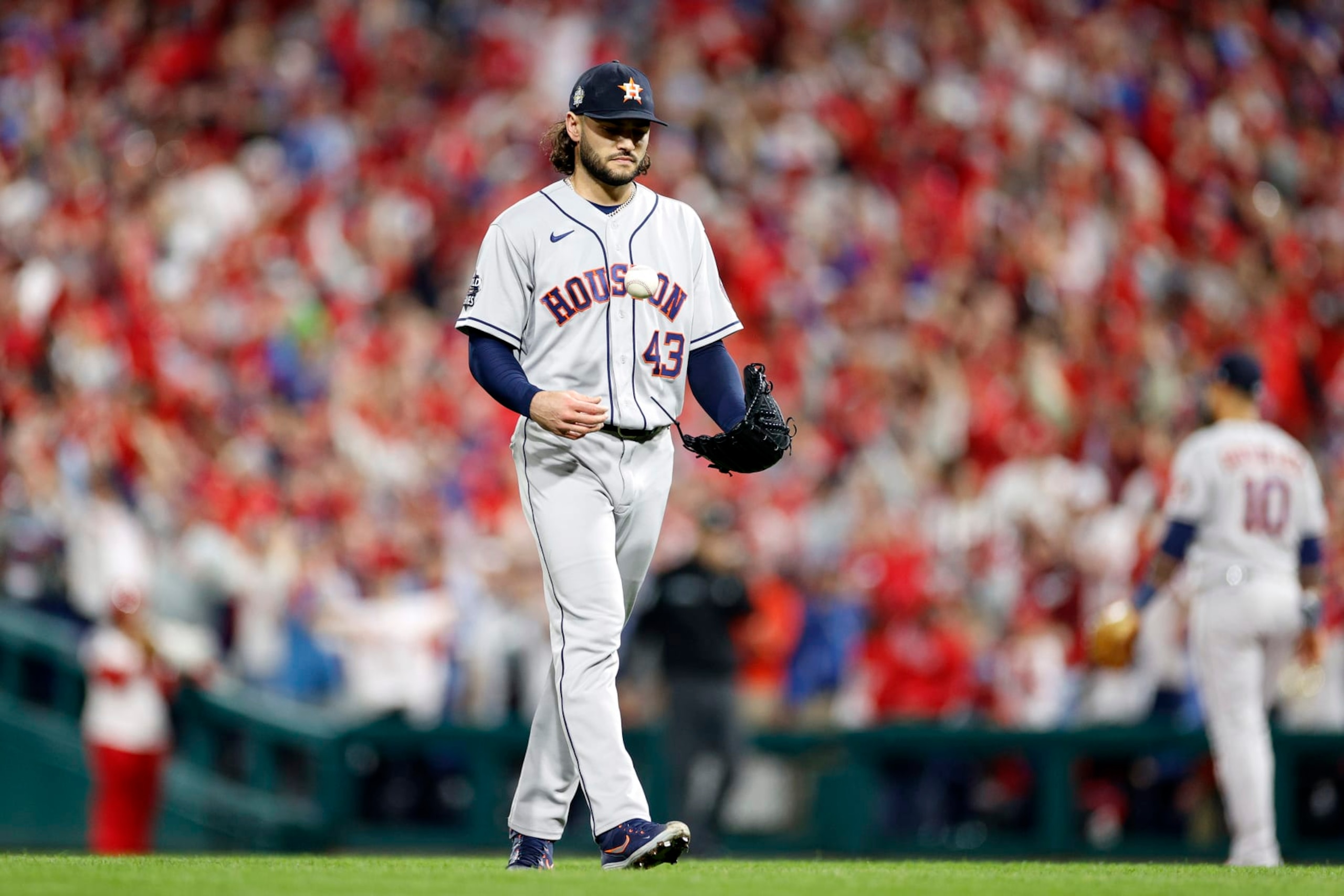 PHILADELPHIA, PENNSYLVANIA - NOVEMBER 01: Lance McCullers Jr. #43 of the Houston Astros reacts after giving up a two-run home run against Bryce Harper #3 of the Philadelphia Phillies during the first inning in Game Three of the 2022 World Series at Citizens Bank Park on November 01, 2022 in Philadelphia, Pennsylvania. (Photo by Sarah Stier/Getty Images) PHILADELPHIA, PENNSYLVANIA - NOVEMBER 01: Lance McCullers Jr. #43 of the Houston Astros reacts after giving up a two-run home run against Bryce Harper #3 of the Philadelphia Phillies during the first inning in Game Three of the 2022 World Series at Citizens Bank Park on November 01, 2022 in Philadelphia, Pennsylvania. (Photo by Sarah Stier/Getty Images)