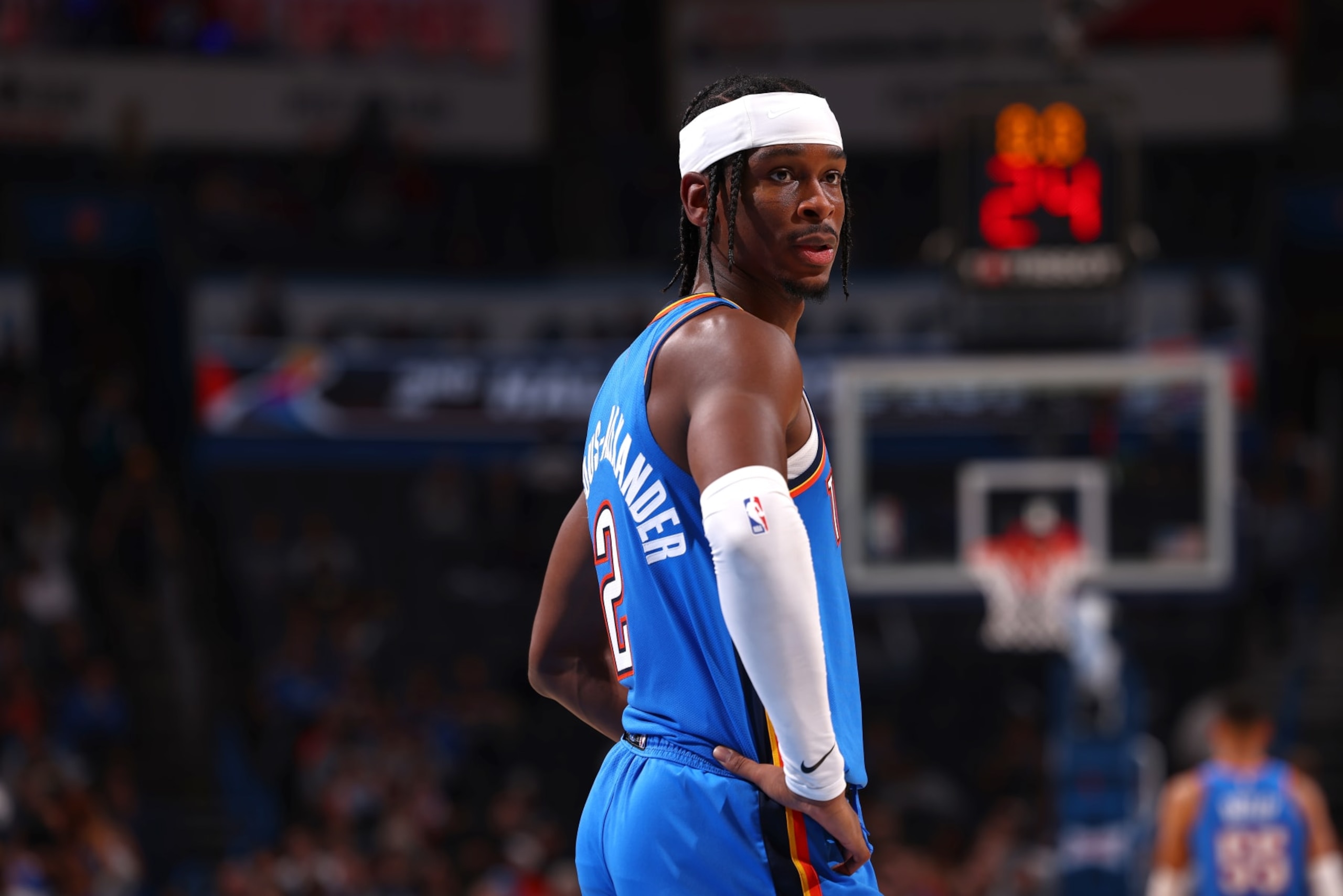OKLAHOMA CITY, OK - NOVEMBER 1: Shai Gilgeous-Alexander #2 of the Oklahoma City Thunder looks on during the game against the Orlando Magic on November 1, 2022 at Paycom Arena in Oklahoma City, Oklahoma. NOTE TO USER: User expressly acknowledges and agrees that, by downloading and or using this photograph, User is consenting to the terms and conditions of the Getty Images License Agreement. Mandatory Copyright Notice: Copyright 2022 NBAE (Photo by Zach Beeker/NBAE via Getty Images)