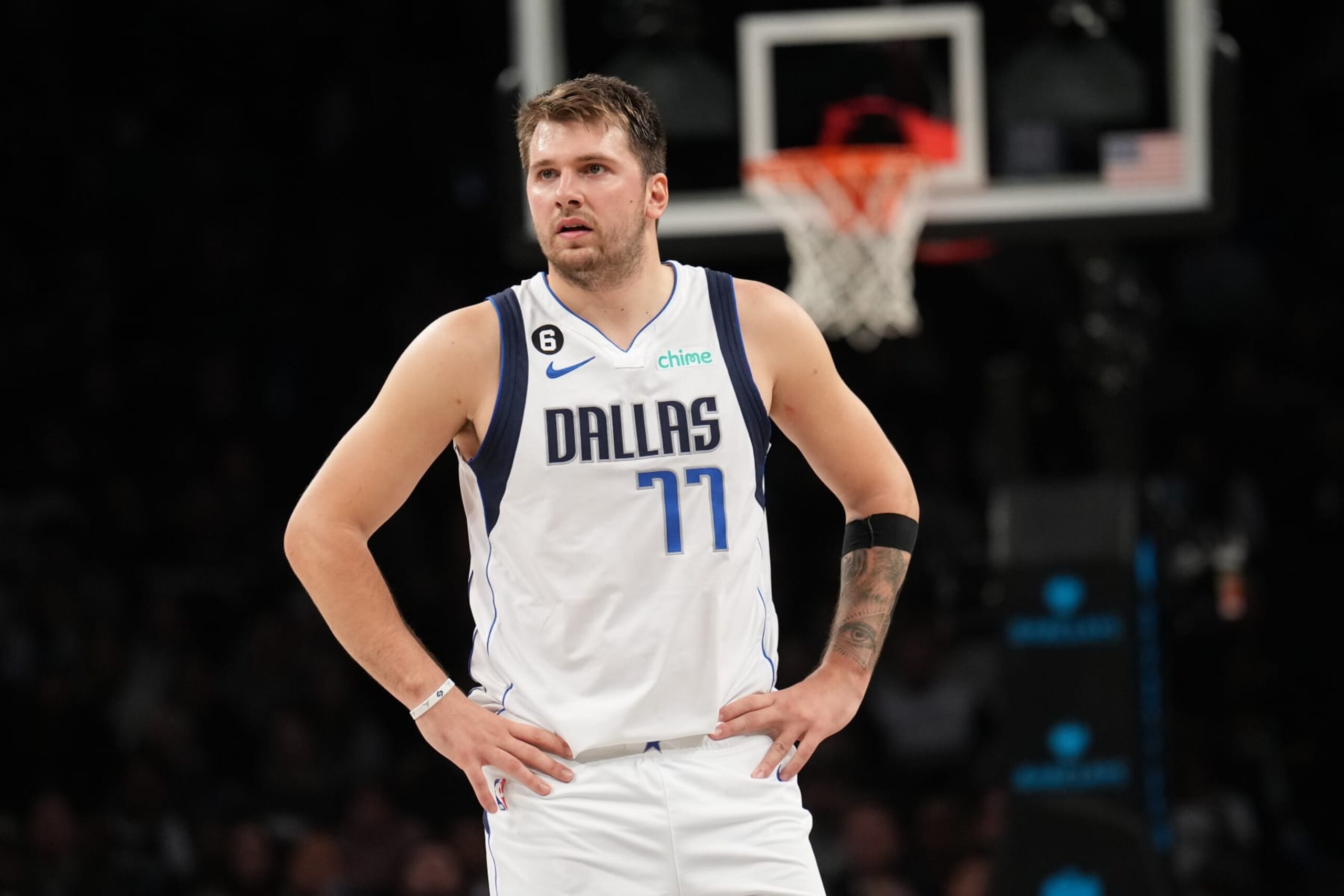 BROOKLYN, NY - OCTOBER 27: Luka Doncic #77 of the Dallas Mavericks looks on during the game against the Brooklyn Nets on October 27, 2022 at Barclays Center in Brooklyn, New York. NOTE TO USER: User expressly acknowledges and agrees that, by downloading and or using this Photograph, user is consenting to the terms and conditions of the Getty Images License Agreement. Mandatory Copyright Notice: Copyright 2022 NBAE (Photo by Jesse D. Garrabrant/NBAE via Getty Images)