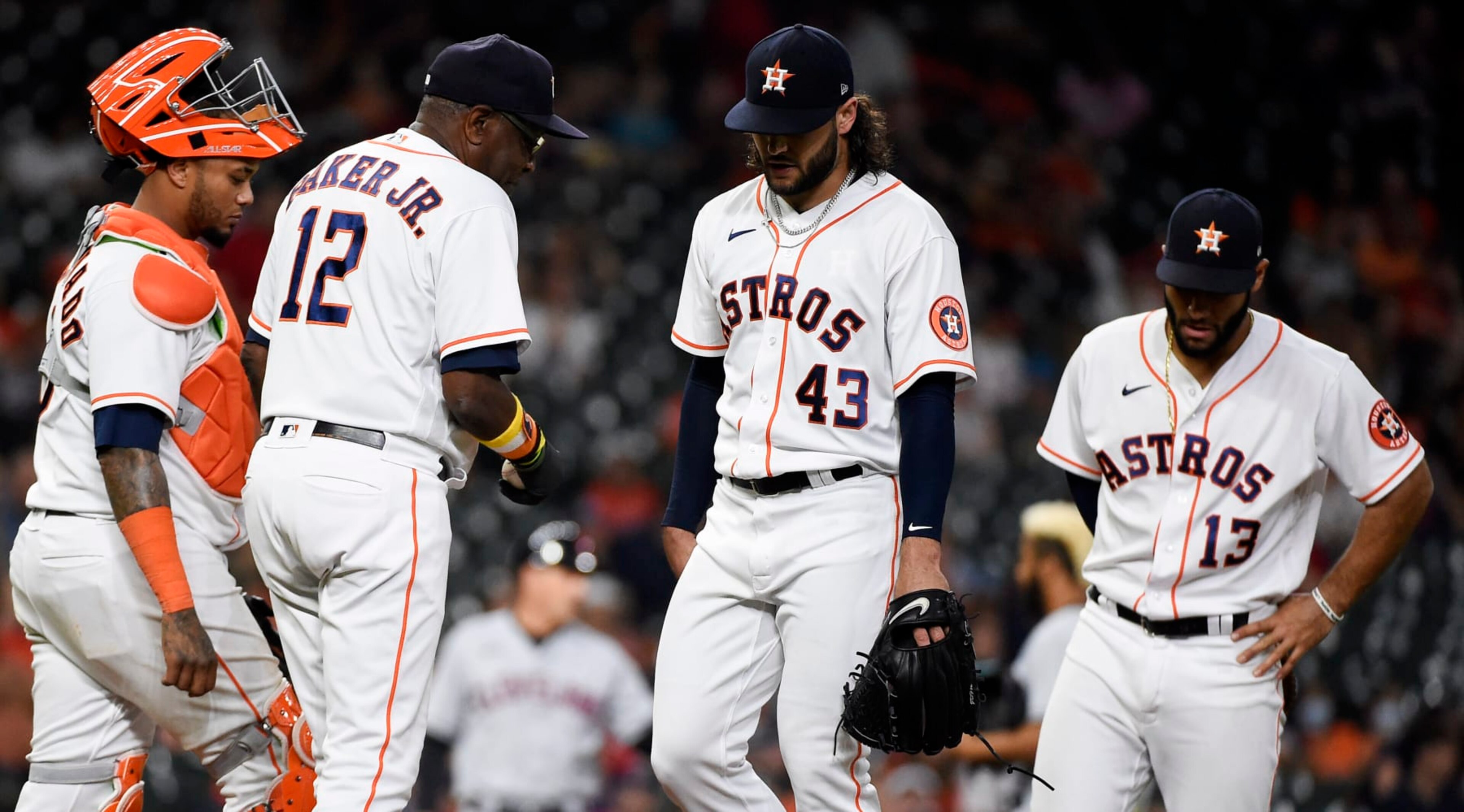 Houston Astros starting pitcher Lance McCullers Jr. (43) is removed from the baseball game by manager Dusty Baker Jr. (12) during the fifth inning against the Cleveland Indians, Wednesday, July 21, 2021, in Houston. (AP Photo/Eric Christian Smith) Houston Astros starting pitcher Lance McCullers Jr. (43) is removed from the baseball game by manager Dusty Baker Jr. (12) during the fifth inning against the Cleveland Indians, Wednesday, July 21, 2021, in Houston. (AP Photo/Eric Christian Smith)