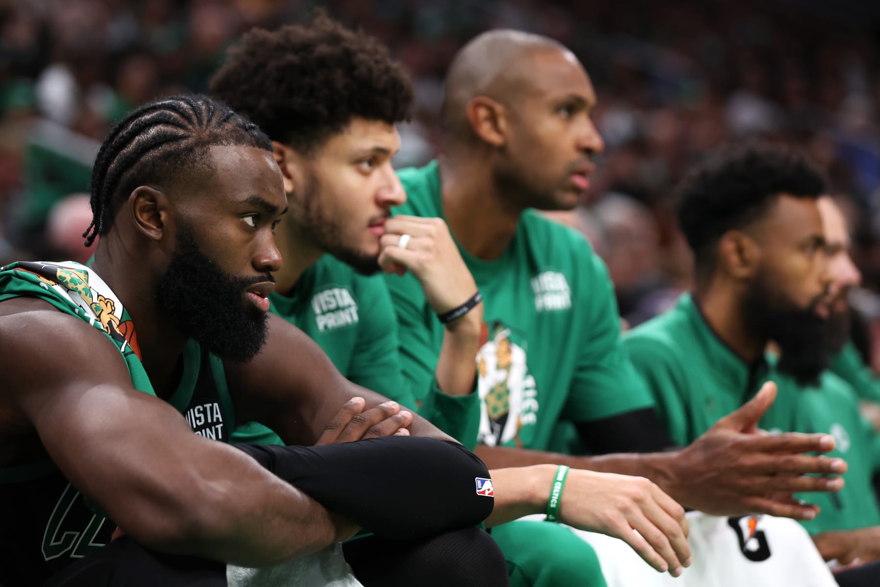 BOSTON, MASSACHUSETTS - OCTOBER 28: Jaylen Brown #7 of the Boston Celtics looks on from the bench during the second half against the Cleveland Cavaliers  at TD Garden on October 28, 2022 in Boston, Massachusetts. NOTE TO USER: User expressly acknowledges and agrees that, by downloading and or using this photograph, User is consenting to the terms and conditions of the Getty Images License Agreement.  (Photo by Maddie Meyer/Getty Images)
