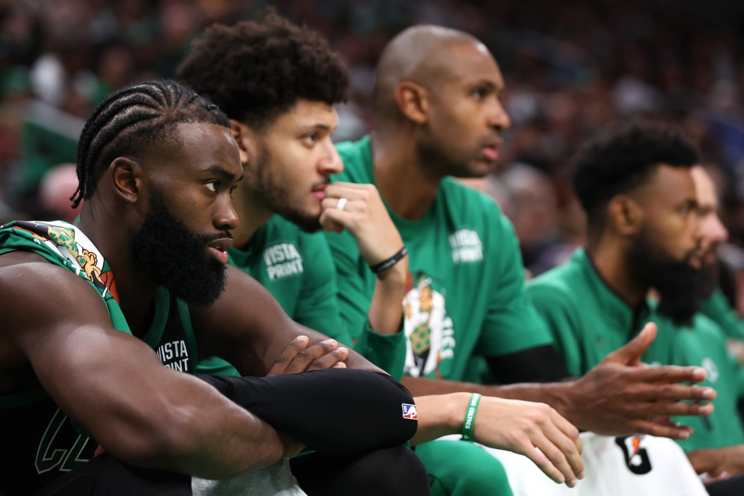 BOSTON, MASSACHUSETTS - OCTOBER 28: Jaylen Brown #7 of the Boston Celtics looks on from the bench during the second half against the Cleveland Cavaliers  at TD Garden on October 28, 2022 in Boston, Massachusetts. NOTE TO USER: User expressly acknowledges and agrees that, by downloading and or using this photograph, User is consenting to the terms and conditions of the Getty Images License Agreement.  (Photo by Maddie Meyer/Getty Images)