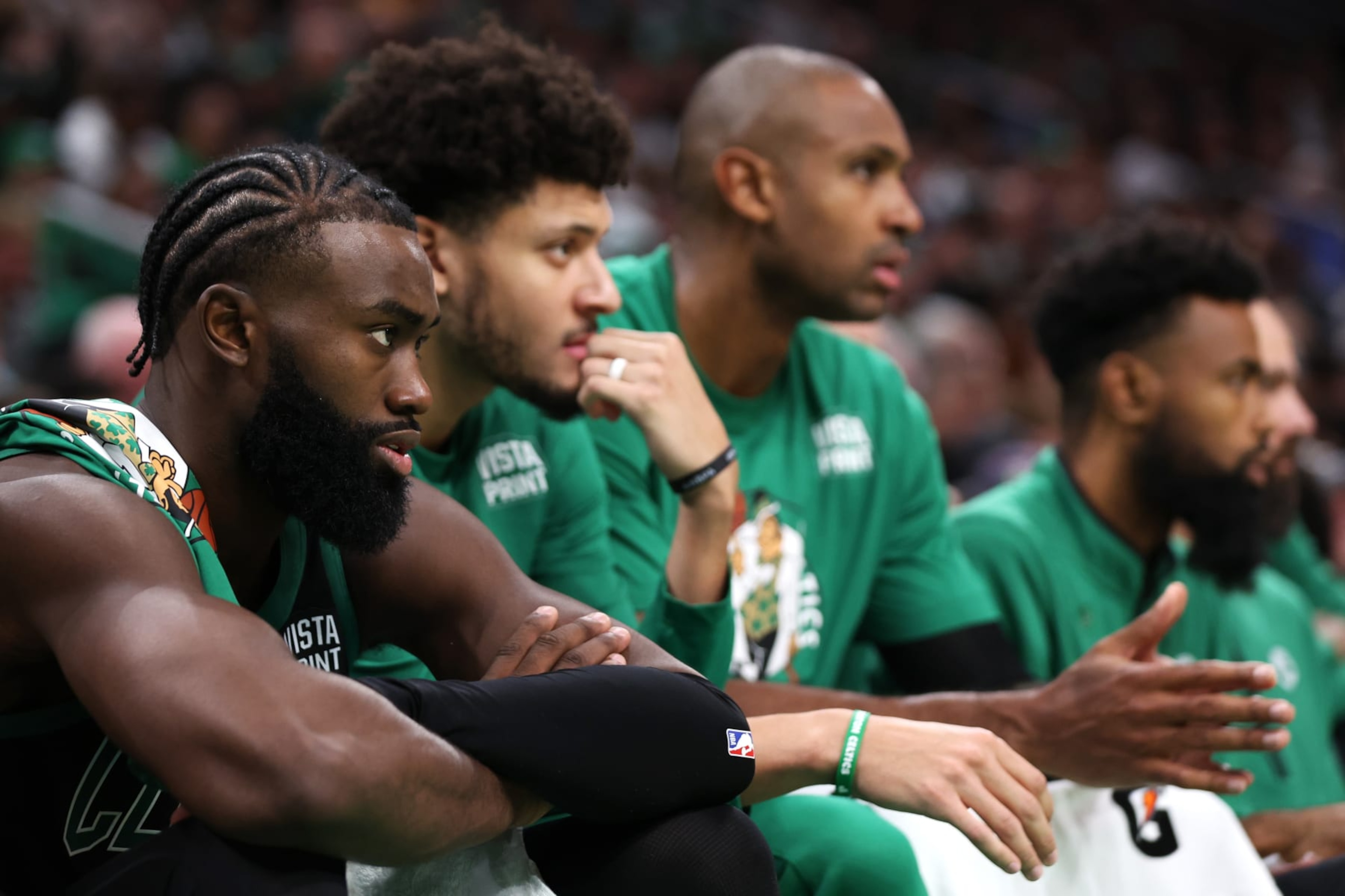 BOSTON, MASSACHUSETTS - OCTOBER 28: Jaylen Brown #7 of the Boston Celtics looks on from the bench during the second half against the Cleveland Cavaliers  at TD Garden on October 28, 2022 in Boston, Massachusetts. NOTE TO USER: User expressly acknowledges and agrees that, by downloading and or using this photograph, User is consenting to the terms and conditions of the Getty Images License Agreement.  (Photo by Maddie Meyer/Getty Images)