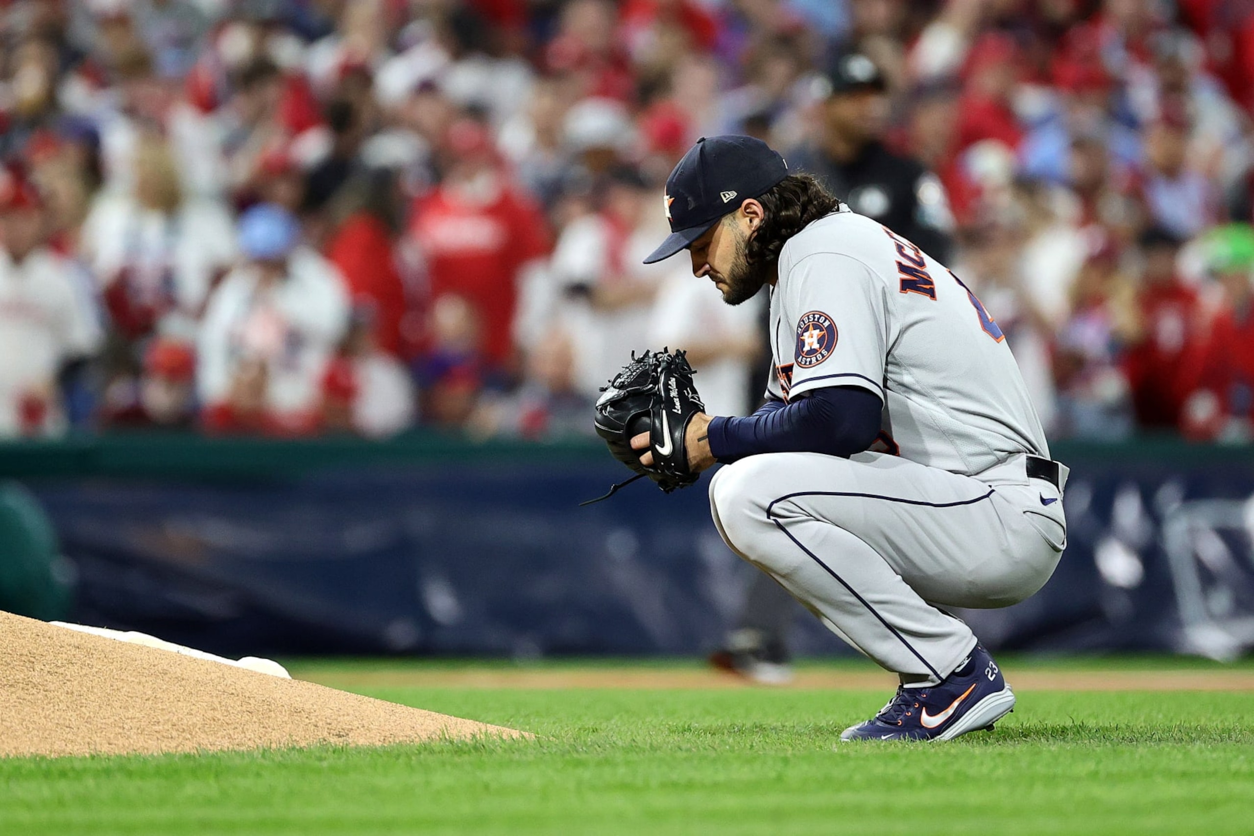 PHILADELPHIA, PENNSYLVANIA - NOVEMBER 01: Lance McCullers Jr. #43 of the Houston Astros takes a moment prior to pitching against the Philadelphia Phillies during the first inning in Game Three of the 2022 World Series at Citizens Bank Park on November 01, 2022 in Philadelphia, Pennsylvania. (Photo by Tim Nwachukwu/Getty Images) PHILADELPHIA, PENNSYLVANIA - NOVEMBER 01: Lance McCullers Jr. #43 of the Houston Astros takes a moment prior to pitching against the Philadelphia Phillies during the first inning in Game Three of the 2022 World Series at Citizens Bank Park on November 01, 2022 in Philadelphia, Pennsylvania. (Photo by Tim Nwachukwu/Getty Images)