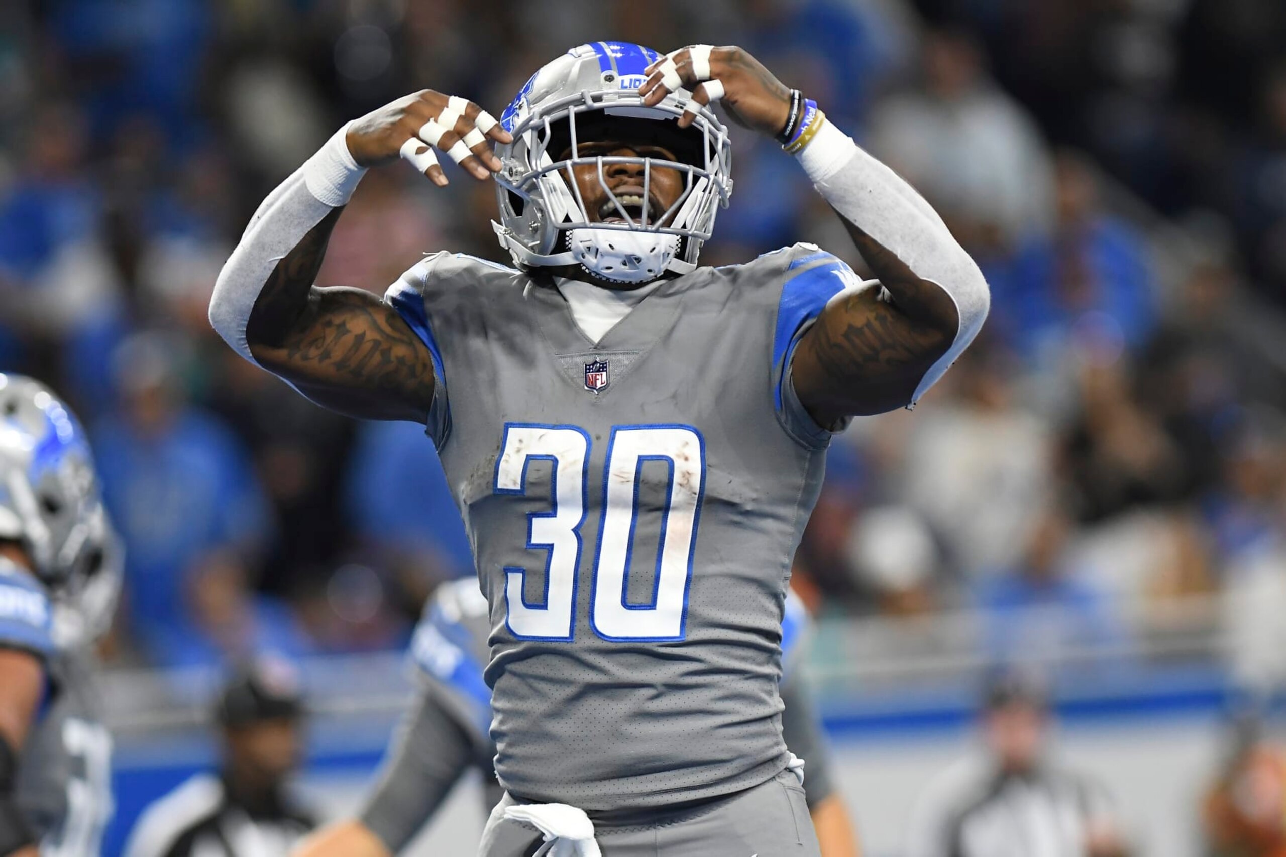 Detroit Lions running back Jamaal Williams reacts after a play during the first half of an NFL football game against the Miami Dolphins, Sunday, Oct. 30, 2022, in Detroit. (AP Photo/Lon Horwedel) Detroit Lions running back Jamaal Williams reacts after a play during the first half of an NFL football game against the Miami Dolphins, Sunday, Oct. 30, 2022, in Detroit. (AP Photo/Lon Horwedel)