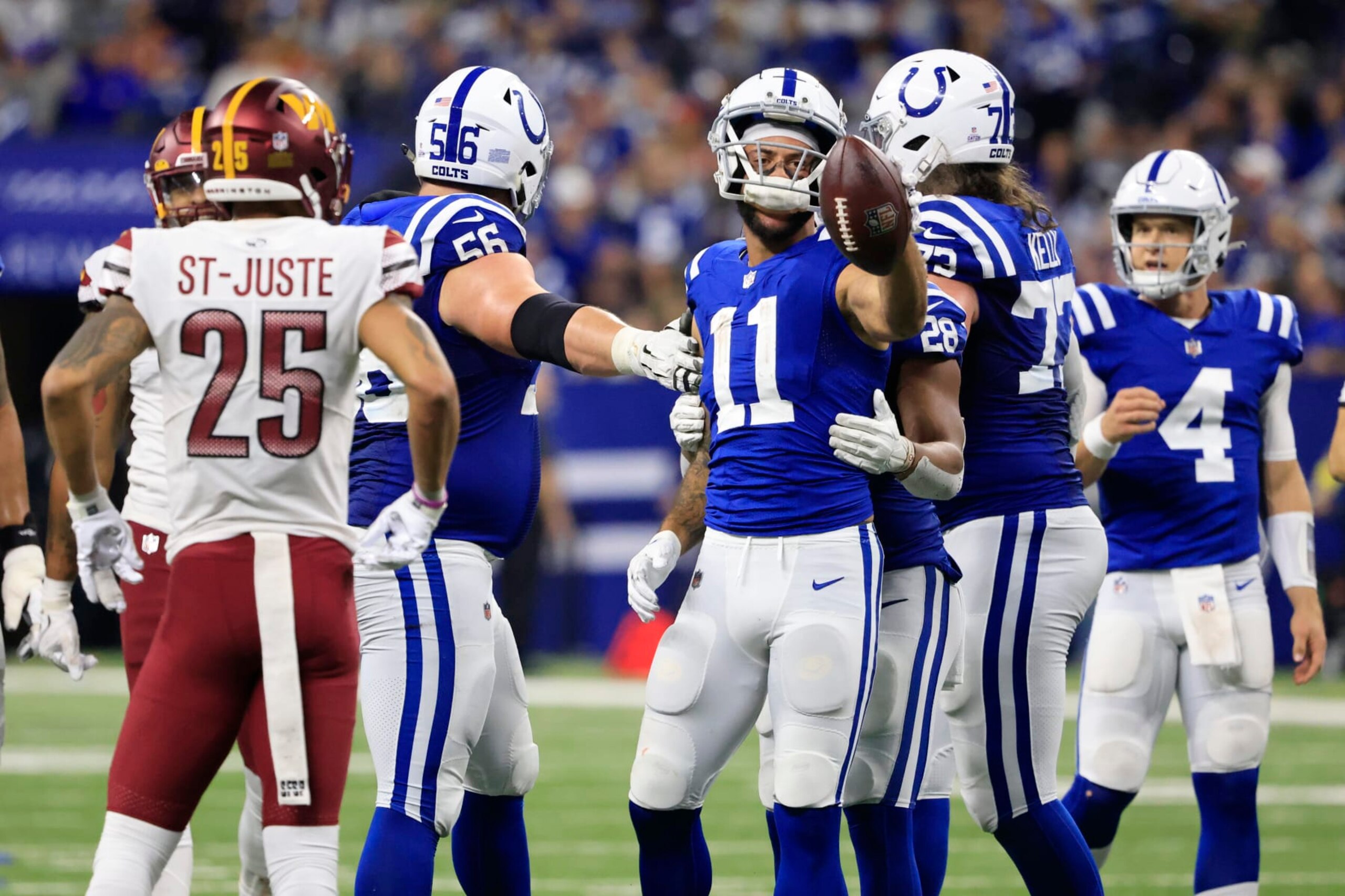 INDIANAPOLIS, INDIANA - OCTOBER 30: Michael Pittman Jr. #11 of the Indianapolis Colts reacts in the second half of a game against the Indianapolis Colts at Lucas Oil Stadium on October 30, 2022 in Indianapolis, Indiana. (Photo by Justin Casterline/Getty Images) INDIANAPOLIS, INDIANA - OCTOBER 30: Michael Pittman Jr. #11 of the Indianapolis Colts reacts in the second half of a game against the Indianapolis Colts at Lucas Oil Stadium on October 30, 2022 in Indianapolis, Indiana. (Photo by Justin Casterline/Getty Images)