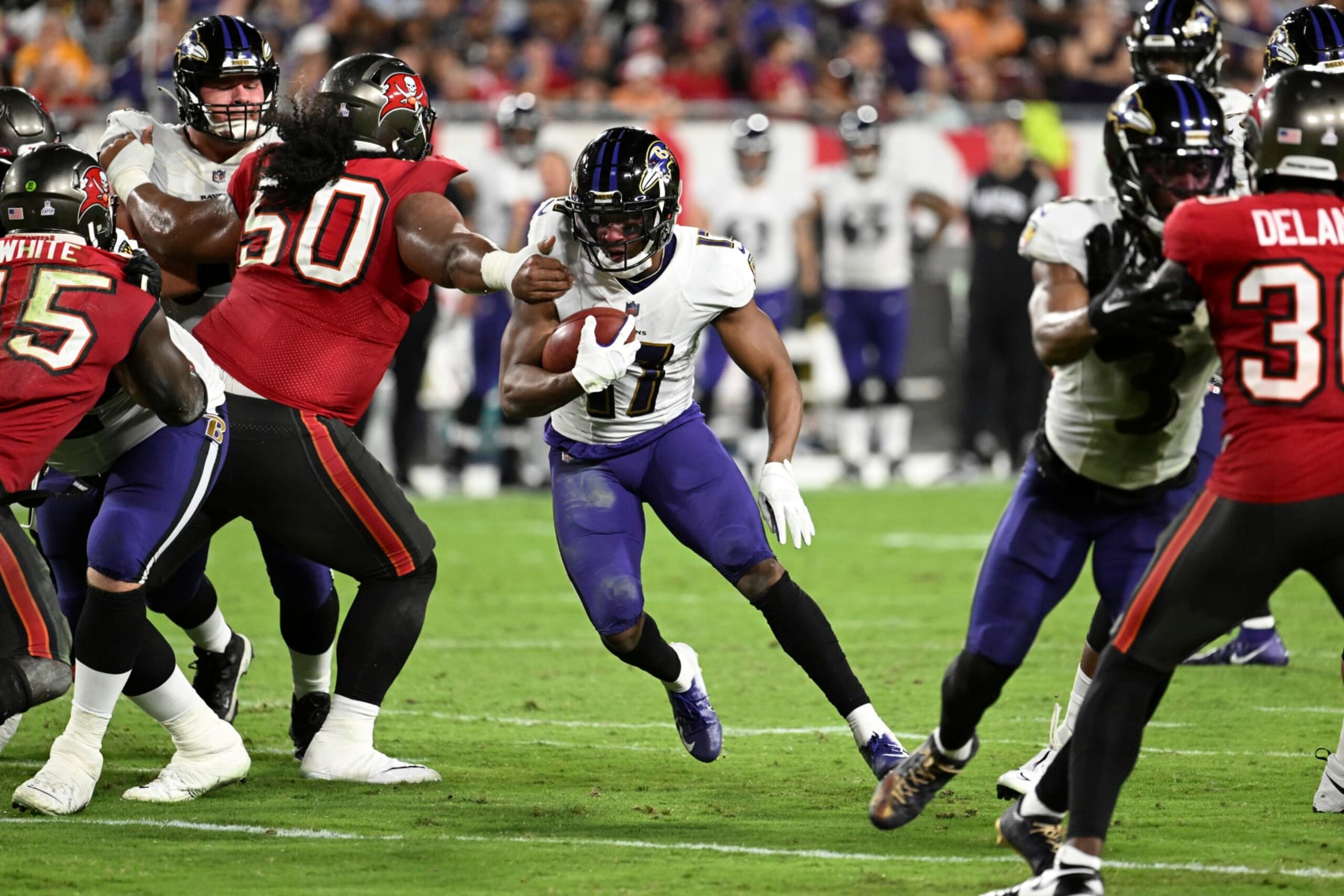 Baltimore Ravens running back Kenyan Drake runs with the ball during the second half of an NFL football game against the Tampa Bay Buccaneers Thursday, Oct. 27, 2022, in Tampa, Fla. (AP Photo/Jason Behnken) Baltimore Ravens running back Kenyan Drake runs with the ball during the second half of an NFL football game against the Tampa Bay Buccaneers Thursday, Oct. 27, 2022, in Tampa, Fla. (AP Photo/Jason Behnken)