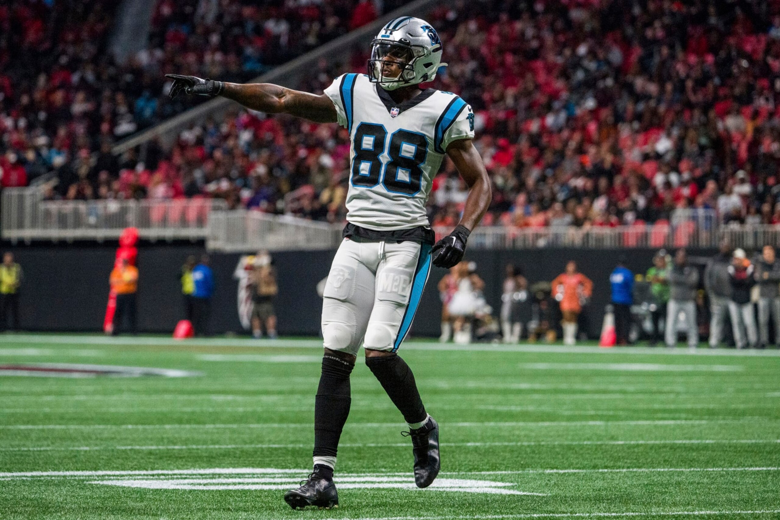 Carolina Panthers wide receiver Terrace Marshall Jr. (88) lines up during the first half of an NFL football game against the Atlanta Falcons, Sunday, Oct. 30, 2022, in Atlanta. The Atlanta Falcons won 37-34. (AP Photo/Danny Karnik) Carolina Panthers wide receiver Terrace Marshall Jr. (88) lines up during the first half of an NFL football game against the Atlanta Falcons, Sunday, Oct. 30, 2022, in Atlanta. The Atlanta Falcons won 37-34. (AP Photo/Danny Karnik)