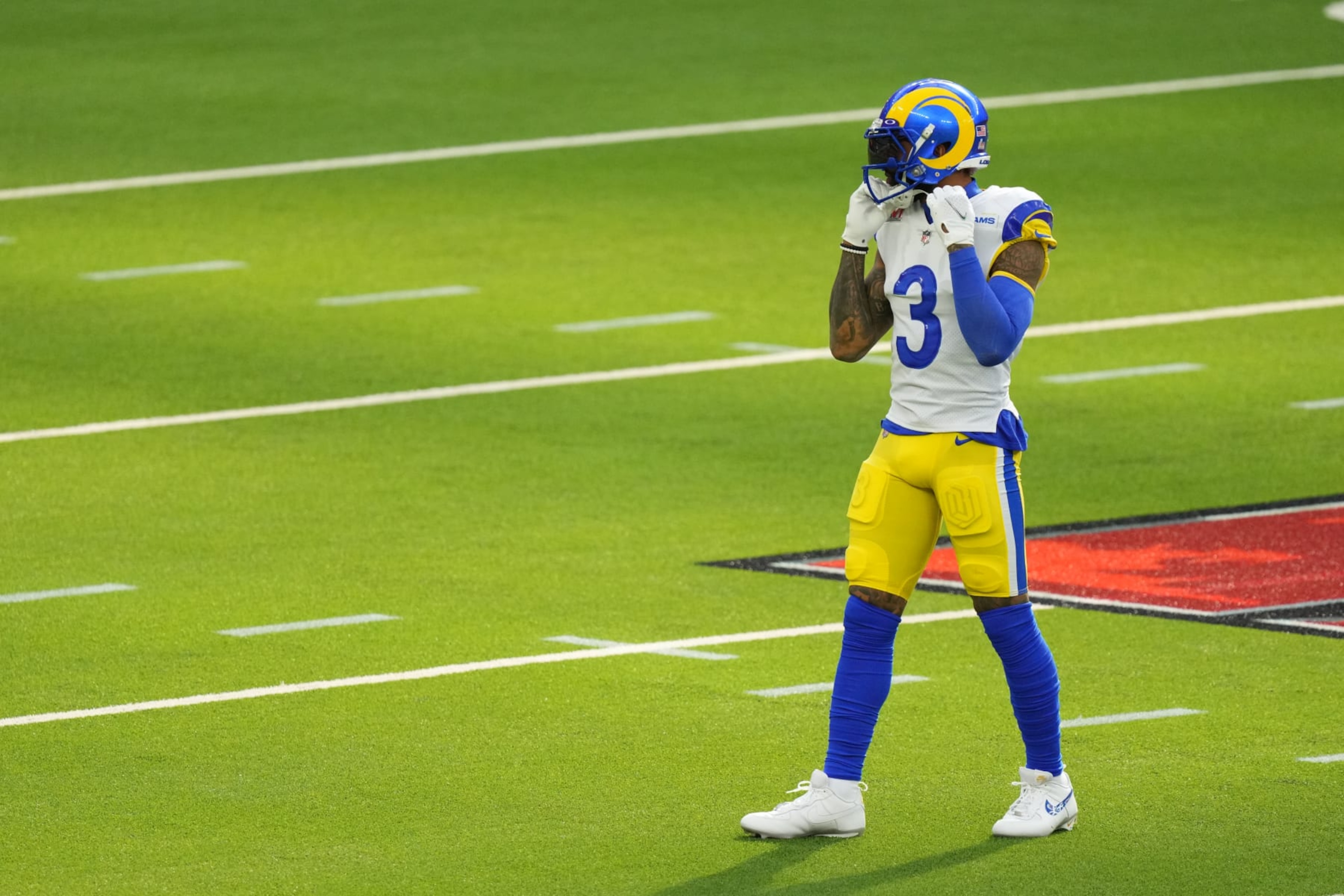 INGLEWOOD, CALIFORNIA - FEBRUARY 13: Odell Beckham Jr. #3 of the Los Angeles Rams warms up prior to the NFL Super Bowl LVI football game against the Cincinnati Bengals at SoFi Stadium on February 13, 2022 in Inglewood, California. (Photo by Cooper Neill/Getty Images)