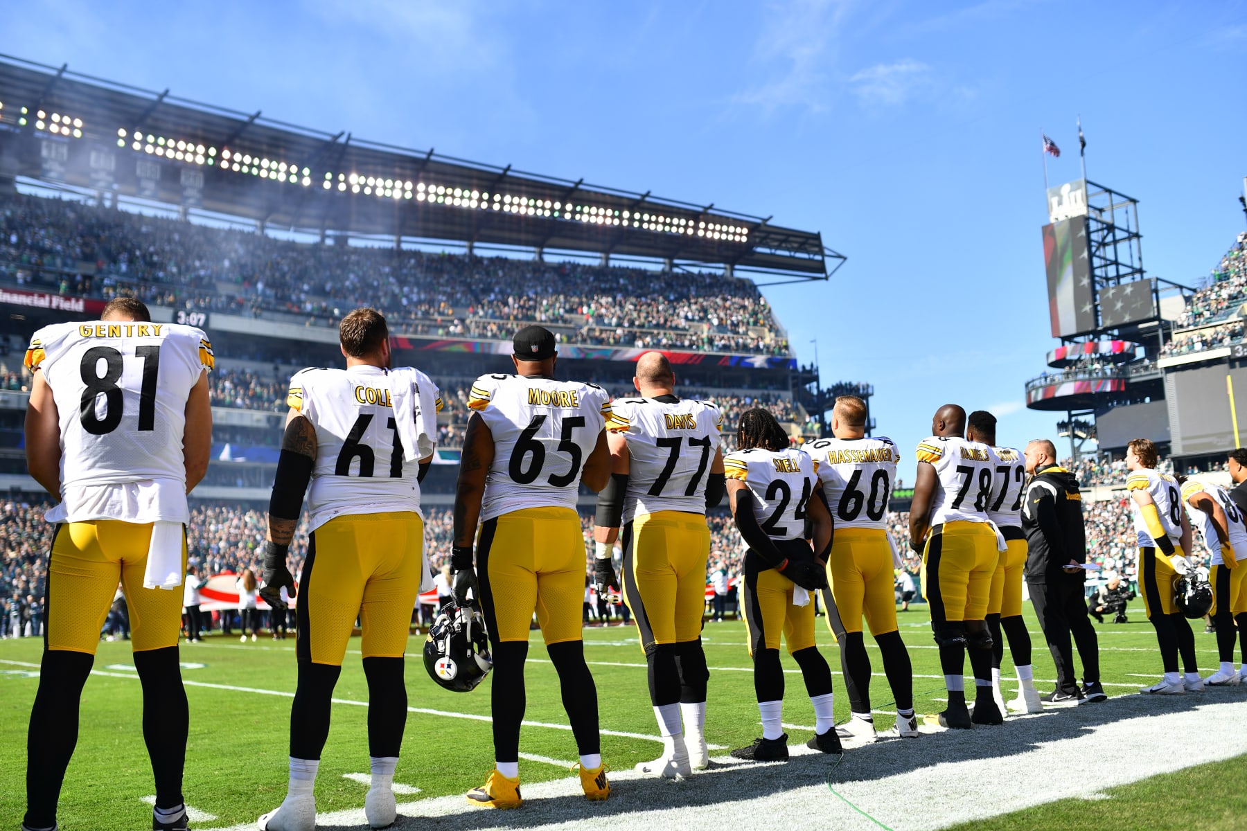 PHILADELPHIA, PA - OCTOBER 30: The Pittsburg Steelers observe the National Anthem before the game between the Pittsburgh Steelers and Philadelphia Eagles on October 30, 2022 at Lincoln Financial Field in Philadelphia, PA. (Photo by Kyle Ross/Icon Sportswire via Getty Images)