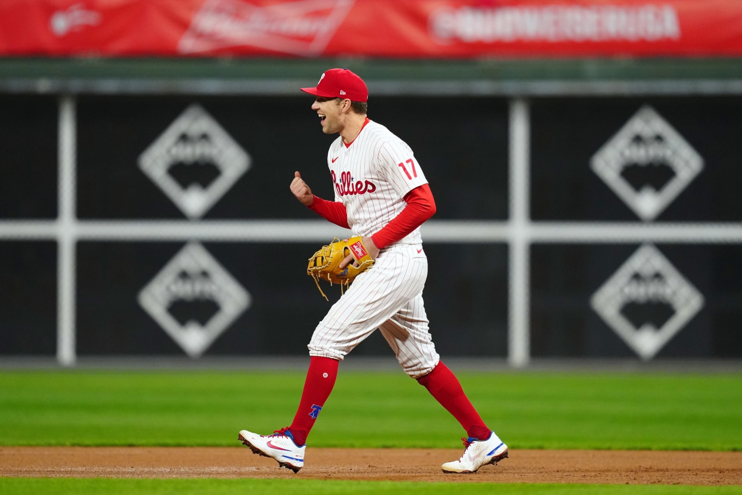 PHILADELPHIA, PA - NOVEMBER 01:  Rhys Hoskins #17 of the Philadelphia Phillies celebrates after the final out of Game 3 of the 2022 World Series between the Houston Astros and the Philadelphia Phillies at Citizens Bank Park on Tuesday, November 1, 2022 in Philadelphia, Pennsylvania. (Photo by Daniel Shirey/MLB Photos via Getty Images)