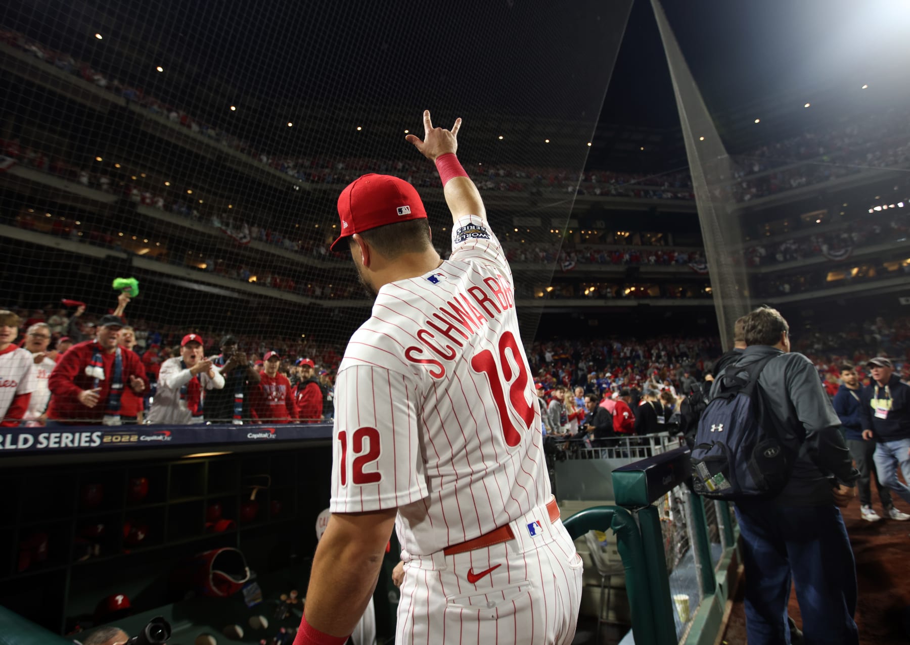 PHILADELPHIA, PA - NOVEMBER 01: Kyle Schwarber #12 of the Philadelphia Phillies acknowledges the fans after winning Game 3 of the 2022 World Series between the Houston Astros and the Philadelphia Phillies at Citizens Bank Park on Tuesday, November 1, 2022 in Philadelphia, Pennsylvania. (Photo by Rob Tringali/MLB Photos via Getty Images)