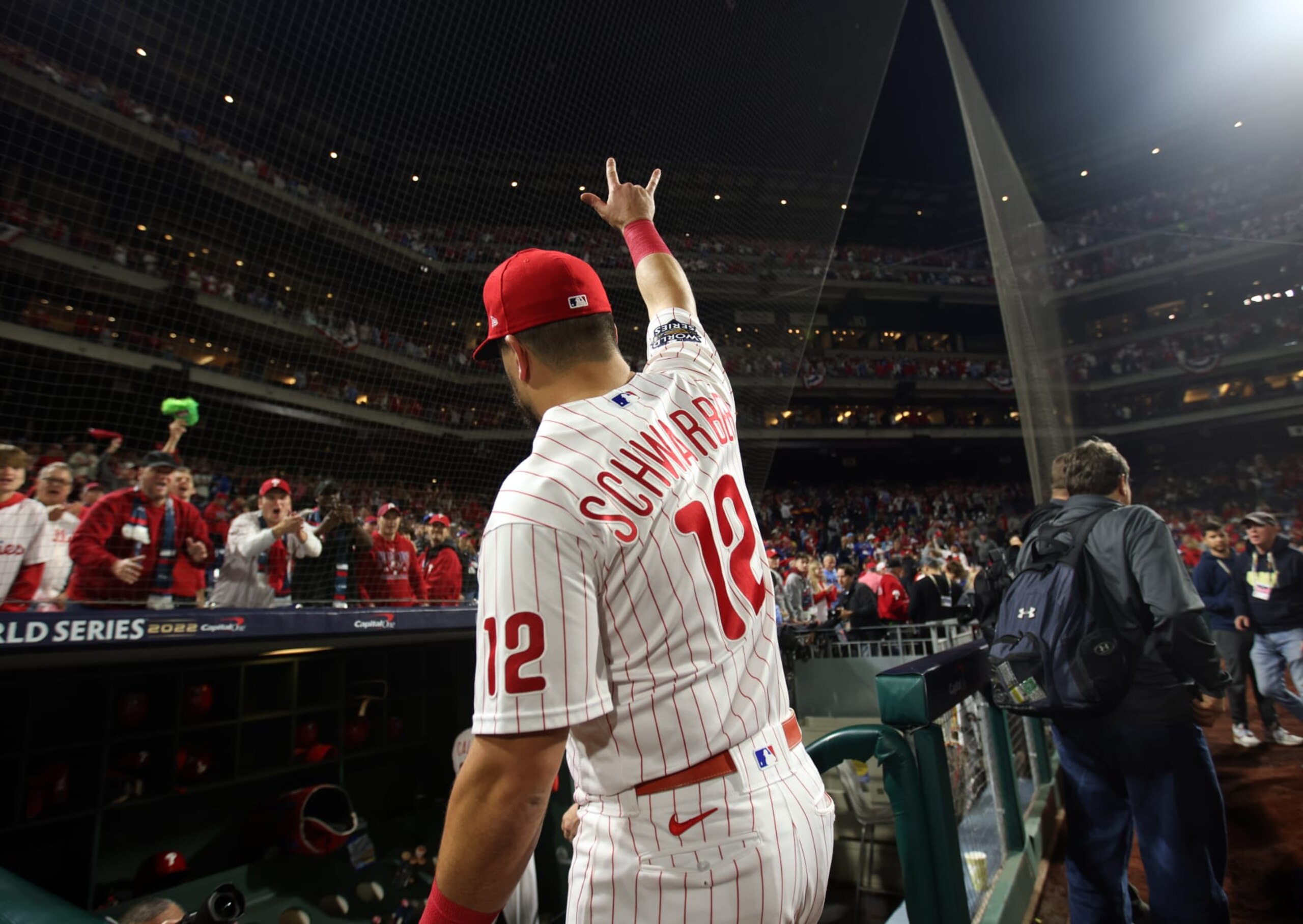 PHILADELPHIA, PA - NOVEMBER 01: Kyle Schwarber #12 of the Philadelphia Phillies acknowledges the fans after winning Game 3 of the 2022 World Series between the Houston Astros and the Philadelphia Phillies at Citizens Bank Park on Tuesday, November 1, 2022 in Philadelphia, Pennsylvania. (Photo by Rob Tringali/MLB Photos via Getty Images)