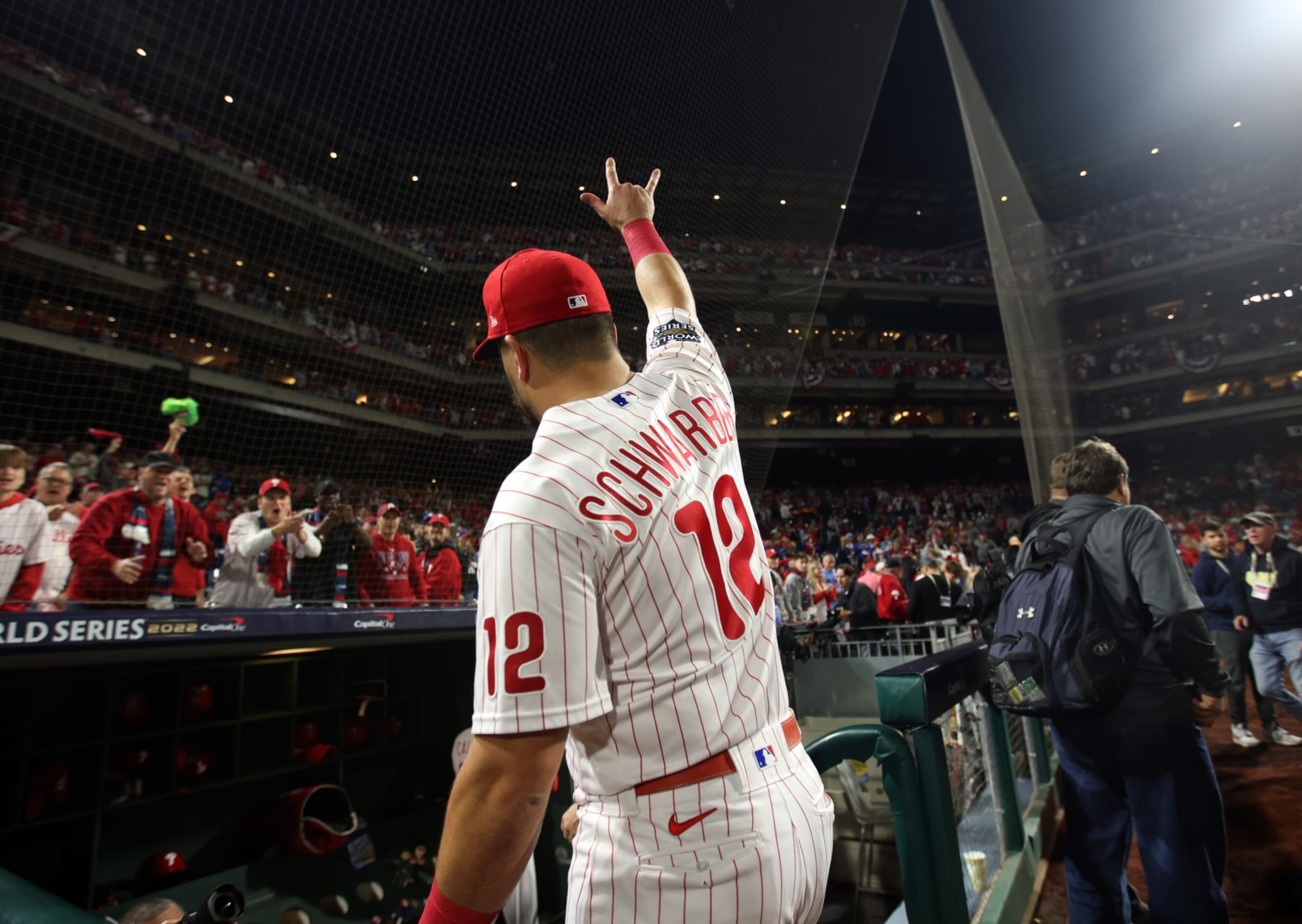 PHILADELPHIA, PA - NOVEMBER 01: Kyle Schwarber #12 of the Philadelphia Phillies acknowledges the fans after winning Game 3 of the 2022 World Series between the Houston Astros and the Philadelphia Phillies at Citizens Bank Park on Tuesday, November 1, 2022 in Philadelphia, Pennsylvania. (Photo by Rob Tringali/MLB Photos via Getty Images)