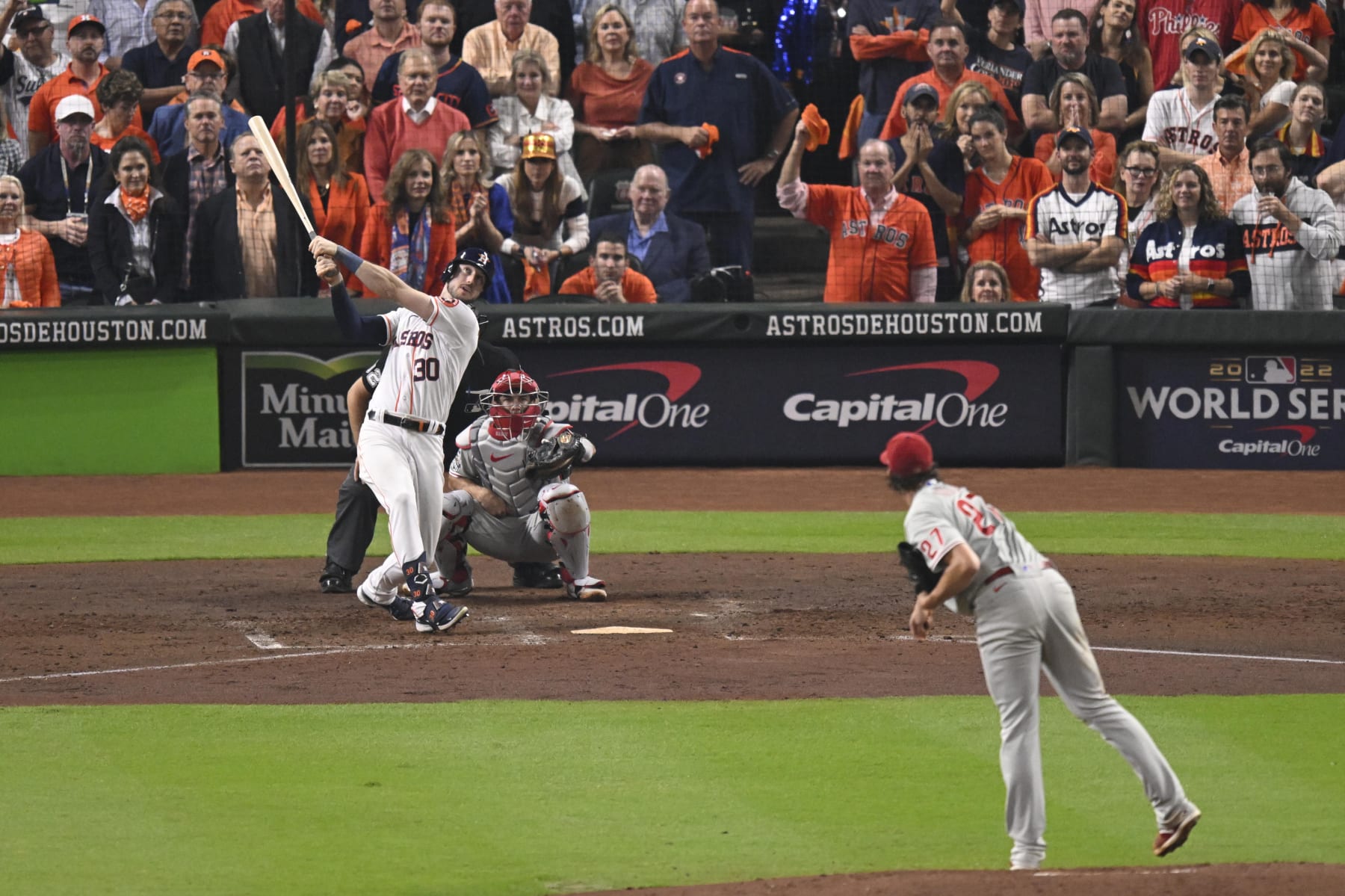 Baseball: World Series: Houston Astros Kyle Tucker (30) in action, batting vs Philadelphia Phillies Aaron Nola (27) at Minute Maid Park. Game 1. 
Houston, TX 10/28/2022 
CREDIT: Greg Nelson (Photo by Greg Nelson/Sports Illustrated via Getty Images) 
(Set Number: X164218 TK1)