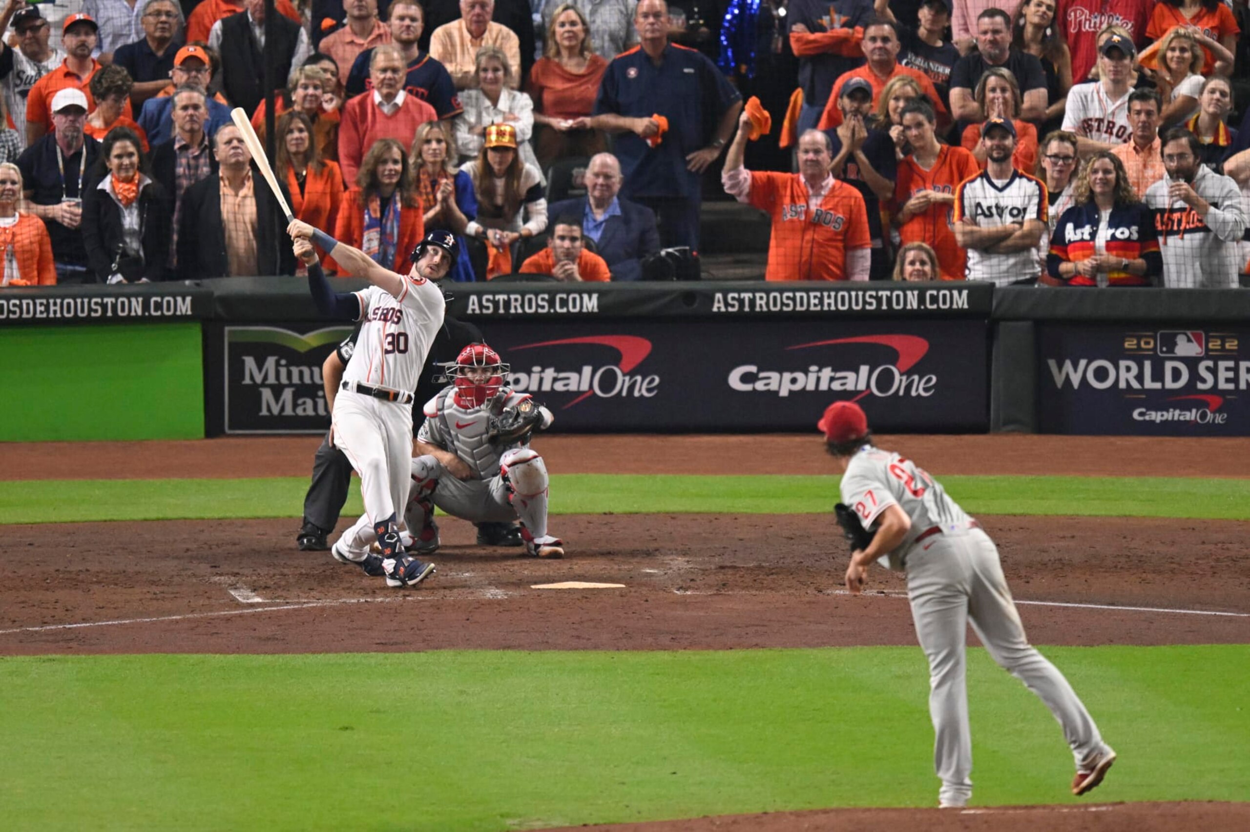 Baseball: World Series: Houston Astros Kyle Tucker (30) in action, batting vs Philadelphia Phillies Aaron Nola (27) at Minute Maid Park. Game 1. 
Houston, TX 10/28/2022 
CREDIT: Greg Nelson (Photo by Greg Nelson/Sports Illustrated via Getty Images) 
(Set Number: X164218 TK1)