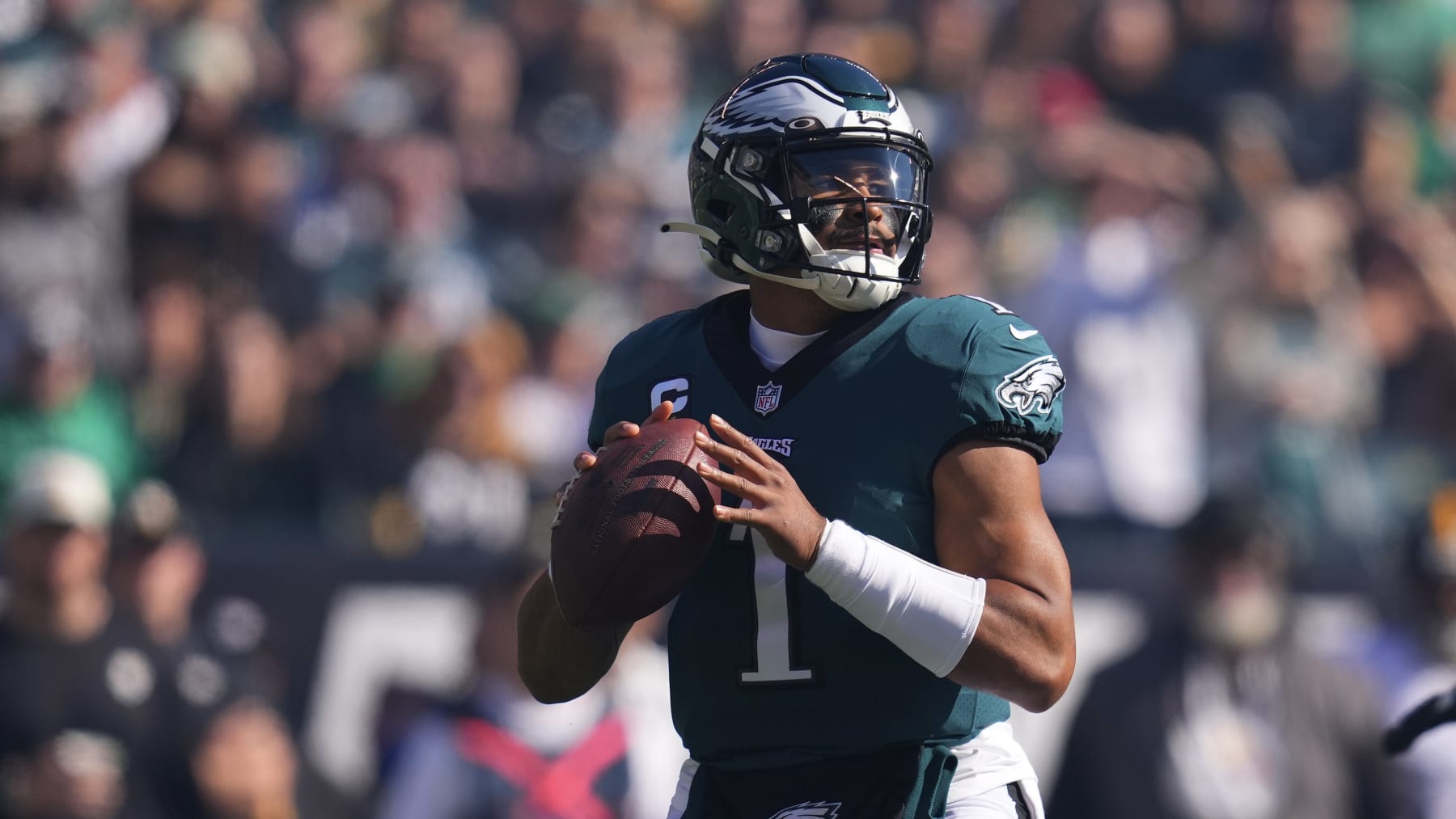 PHILADELPHIA, PA - OCTOBER 30: Jalen Hurts #1 of the Philadelphia Eagles looks to pass the ball against the Pittsburgh Steelers at Lincoln Financial Field on October 30, 2022 in Philadelphia, Pennsylvania. (Photo by Mitchell Leff/Getty Images)