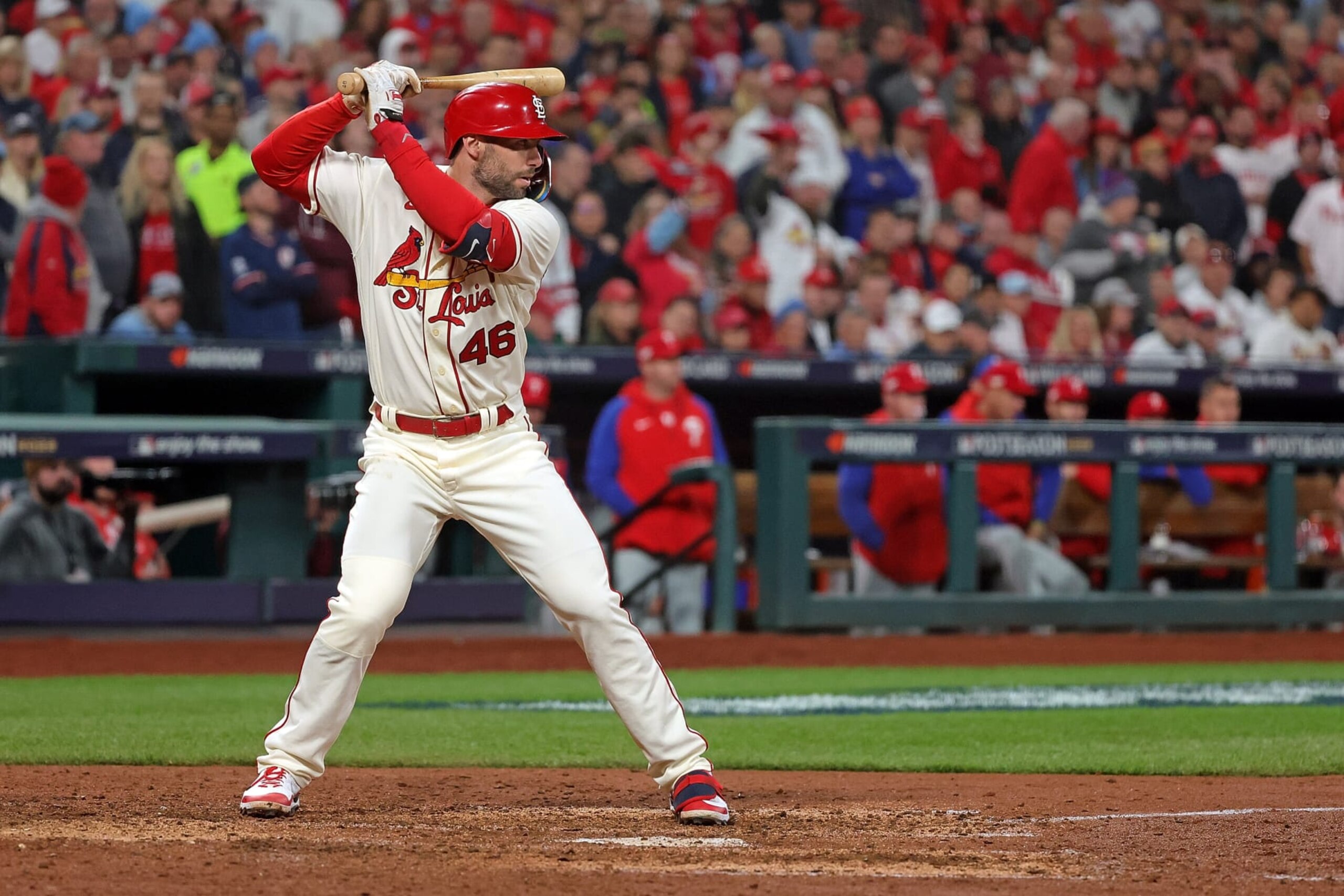 ST LOUIS, MISSOURI - OCTOBER 08: Paul Goldschmidt #46 of the St. Louis Cardinals at bat against the Philadelphia Phillies during game two of the National League Wild Card Series at Busch Stadium on October 08, 2022 in St Louis, Missouri. (Photo by Stacy Revere/Getty Images) ST LOUIS, MISSOURI - OCTOBER 08: Paul Goldschmidt #46 of the St. Louis Cardinals at bat against the Philadelphia Phillies during game two of the National League Wild Card Series at Busch Stadium on October 08, 2022 in St Louis, Missouri. (Photo by Stacy Revere/Getty Images)