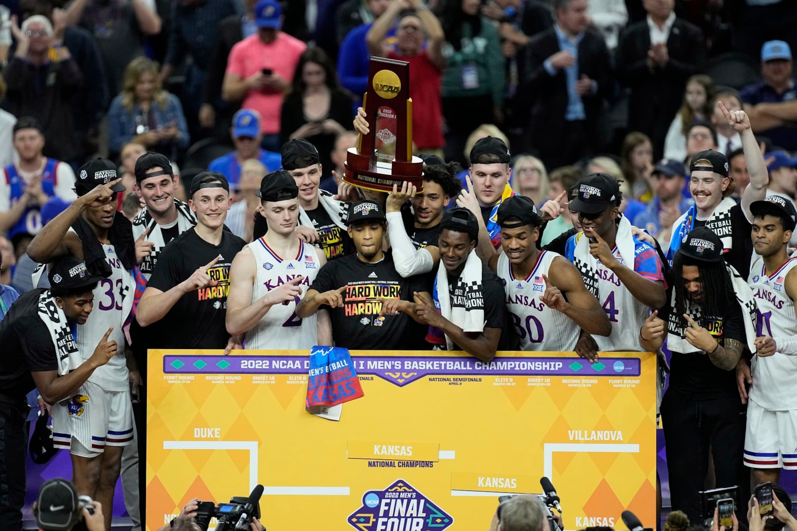 Kansas players celebrate during the second half of a college basketball game in the finals of the Men's Final Four NCAA tournament, Monday, April 4, 2022, in New Orleans. Kansas won 72-69. (AP Photo/Gerald Herbert) Kansas players celebrate during the second half of a college basketball game in the finals of the Men's Final Four NCAA tournament, Monday, April 4, 2022, in New Orleans. Kansas won 72-69. (AP Photo/Gerald Herbert)