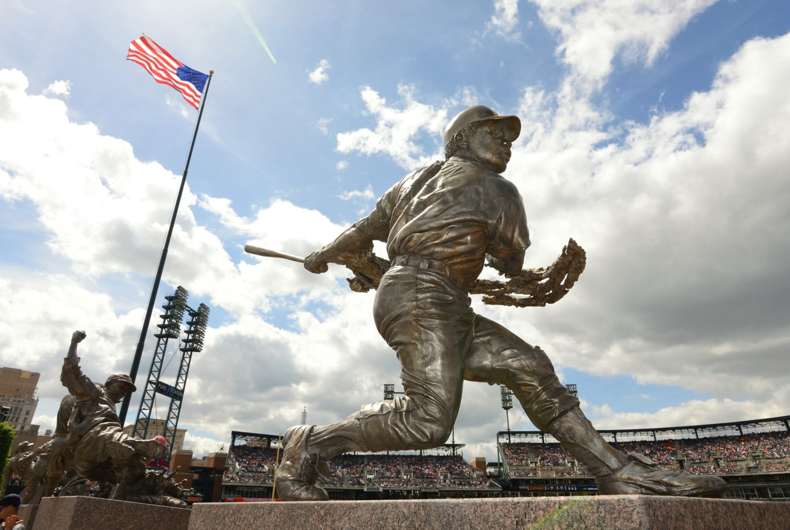 DETROIT, MI - MAY 22:  A detailed view of the centerfield statues of former Detroit Tigers outfielder and Baseball Hall-of-Famer Ty Cobb (L) and former Tigers outfielder Willie Horton during the game between the Texas Rangers and the Detroit Tigers at Comerica Park on May 22, 2014 in Detroit, Michigan. The Rangers defeated the Tigers 9-2.  (Photo by Mark Cunningham/MLB Photos via Getty Images)
