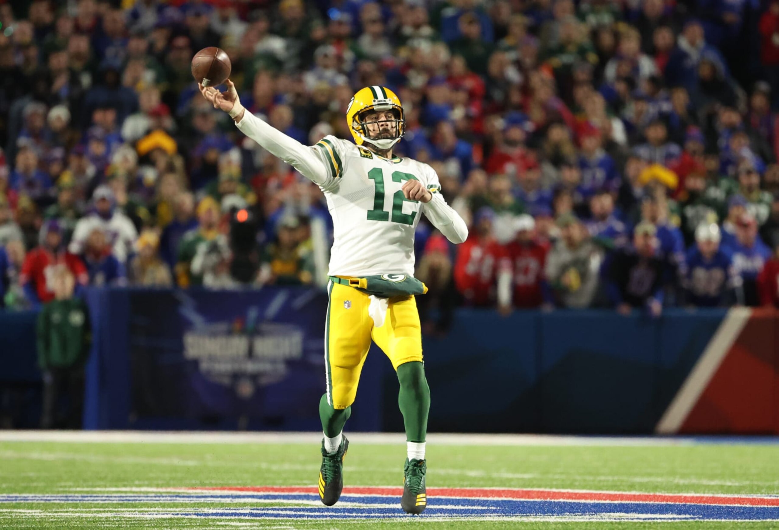ORCHARD PARK, NEW YORK - OCTOBER 30: Aaron Rodgers #12 of the Green Bay Packers throws a pass during the fourth quarter against the Buffalo Bills at Highmark Stadium on October 30, 2022 in Orchard Park, New York. (Photo by Timothy T Ludwig/Getty Images)