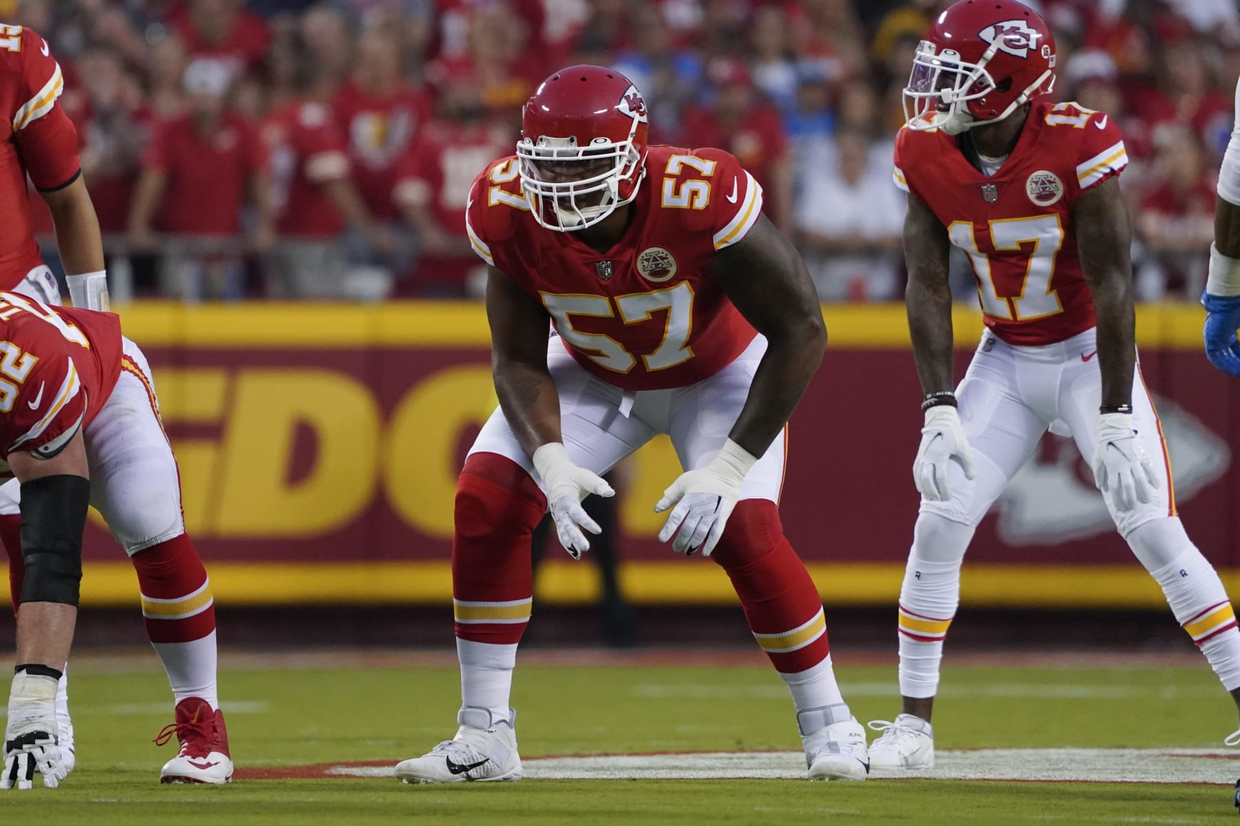 Kansas City Chiefs offensive tackle Orlando Brown Jr. (57) during a game against the Los Angeles Chargers during an NFL football game Thursday, Sept. 15, 2022, in Kansas City, Mo. (AP Photo/Ed Zurga)