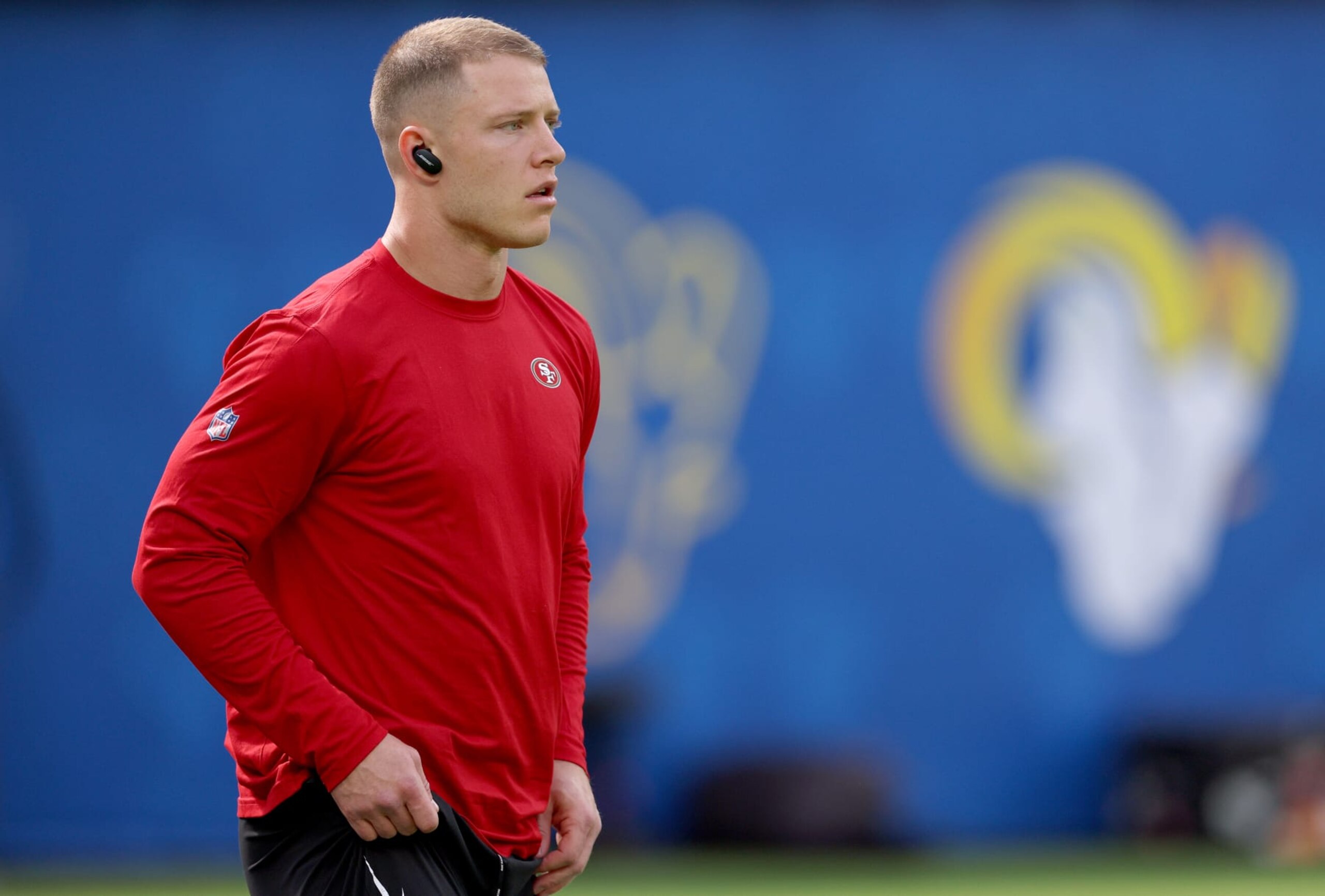 INGLEWOOD, CALIFORNIA - OCTOBER 30: Christian McCaffrey #23 of the San Francisco 49ers warms up before the game against the Los Angeles Rams at SoFi Stadium on October 30, 2022 in Inglewood, California. (Photo by Harry How/Getty Images)