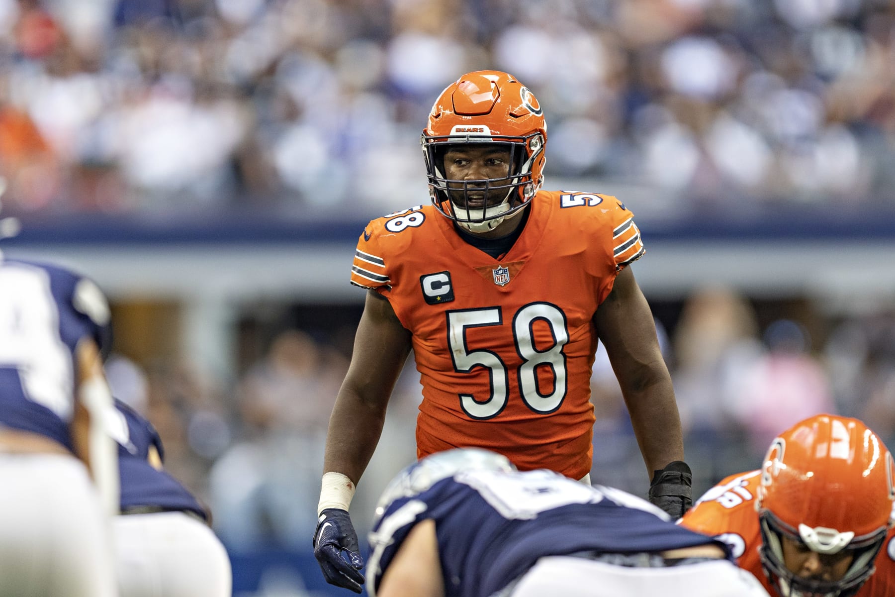 ARLINGTON, TEXAS - OCTOBER 30:  Roquan Smith #58 of the Chicago Bears at the line of scrimmage during a game against the Dallas Cowboys at AT&T Stadium on October 30, 2022 in Arlington, Texas. The Cowboys defeated the Bears 49-29. (Photo by Wesley Hitt/Getty Images)
