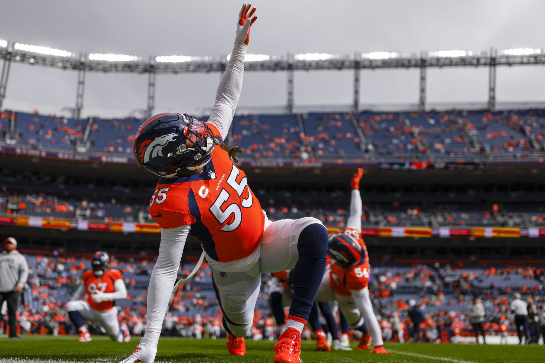 DENVER, COLORADO - OCTOBER 23: Bradley Chubb #55 of the Denver Broncos stretches during warmups before the game against the New York Jets at Empower Field At Mile High on October 23, 2022 in Denver, Colorado. (Photo by Justin Edmonds/Getty Images)
