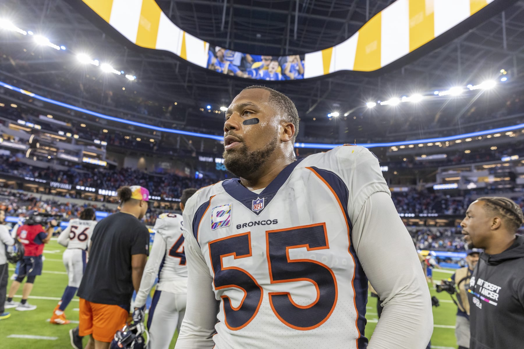 Denver Broncos linebacker Bradley Chubb (55) walks off the field after the Los Angeles Chargers defeat the Broncos 19-16 in an NFL football game, Monday, Oct. 17, 2022, in Inglewood, Calif. (AP Photo/Jeff Lewis)