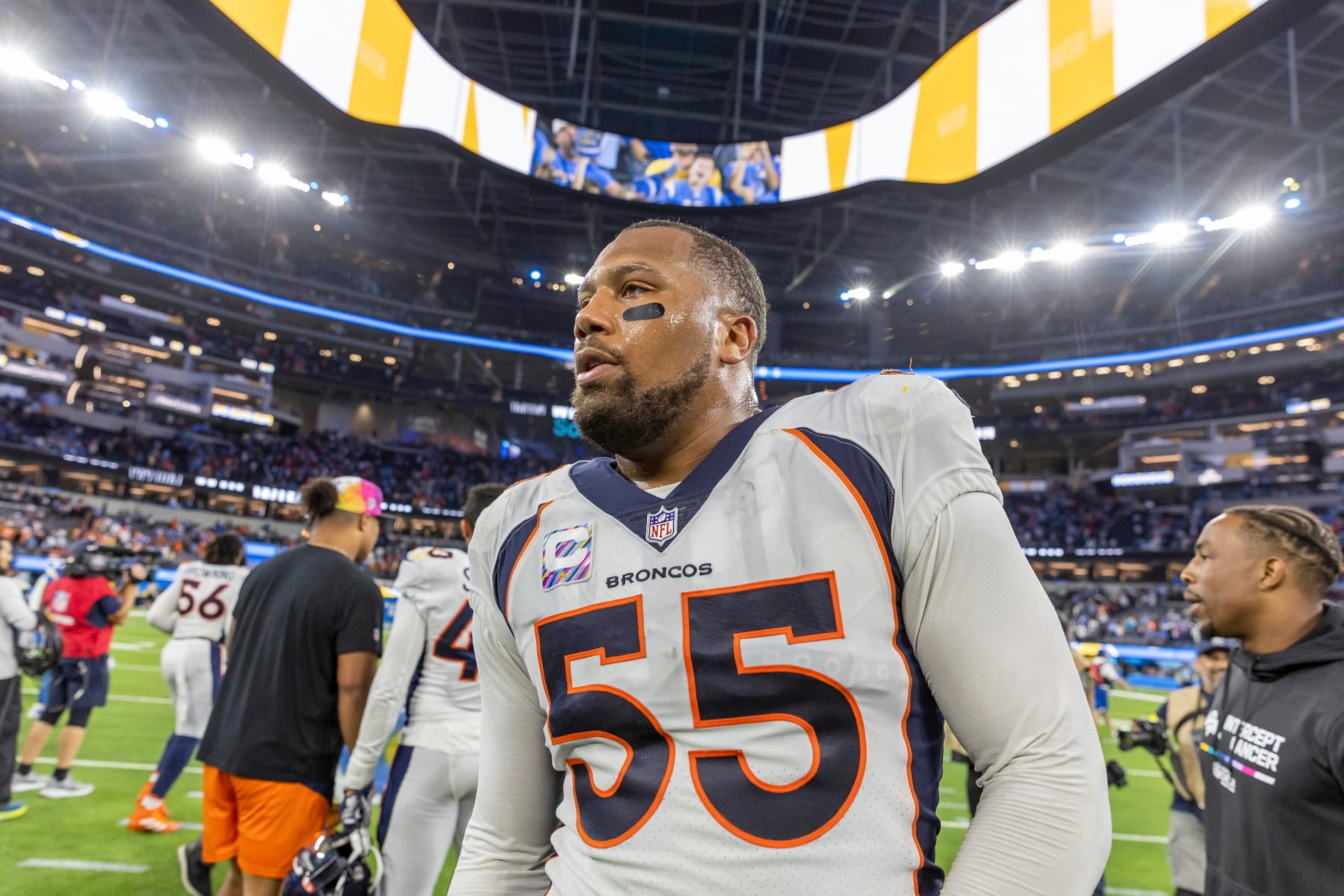 Denver Broncos linebacker Bradley Chubb (55) walks off the field after the Los Angeles Chargers defeat the Broncos 19-16 in an NFL football game, Monday, Oct. 17, 2022, in Inglewood, Calif. (AP Photo/Jeff Lewis)