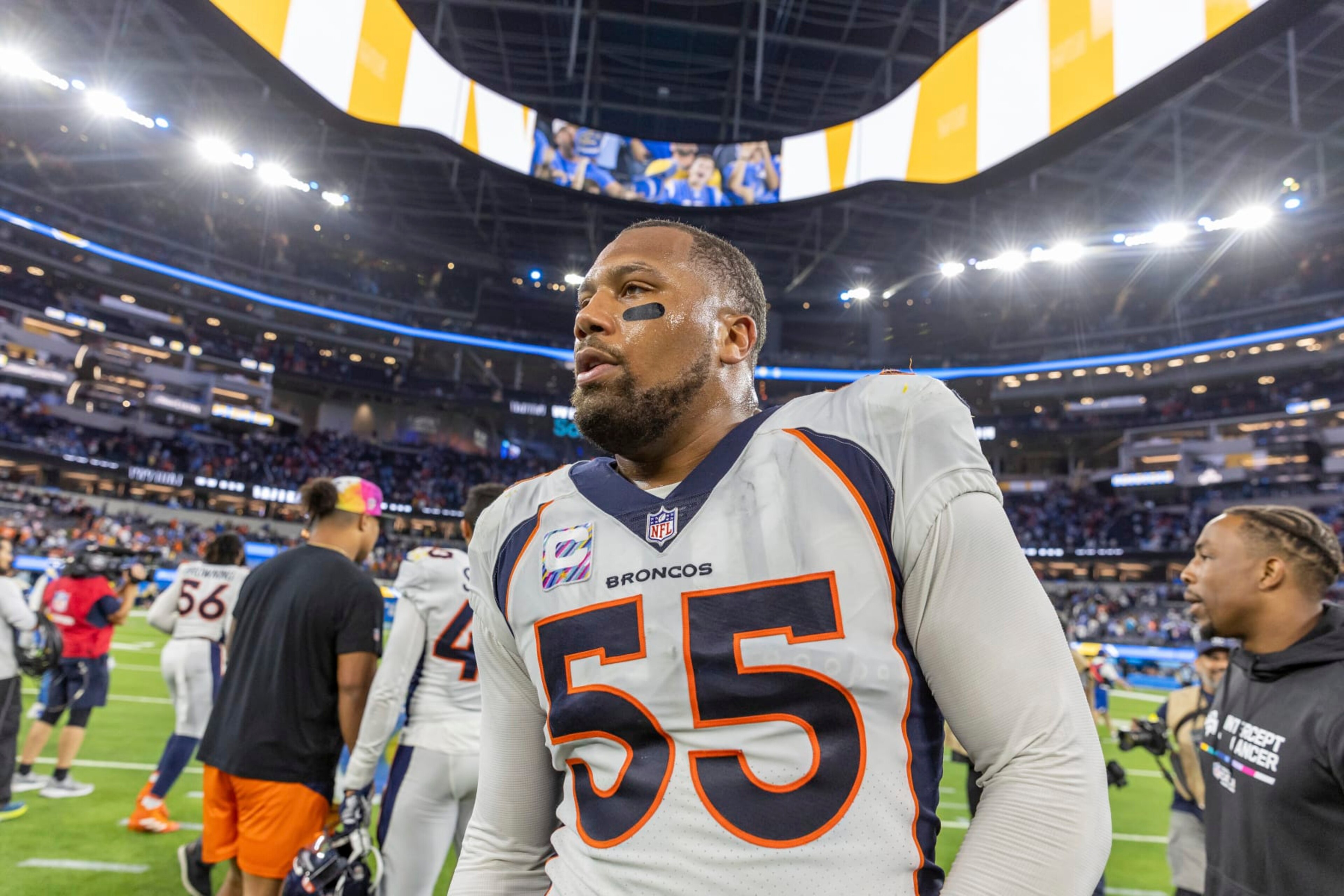 Denver Broncos linebacker Bradley Chubb (55) walks off the field after the Los Angeles Chargers defeat the Broncos 19-16 in an NFL football game, Monday, Oct. 17, 2022, in Inglewood, Calif. (AP Photo/Jeff Lewis)