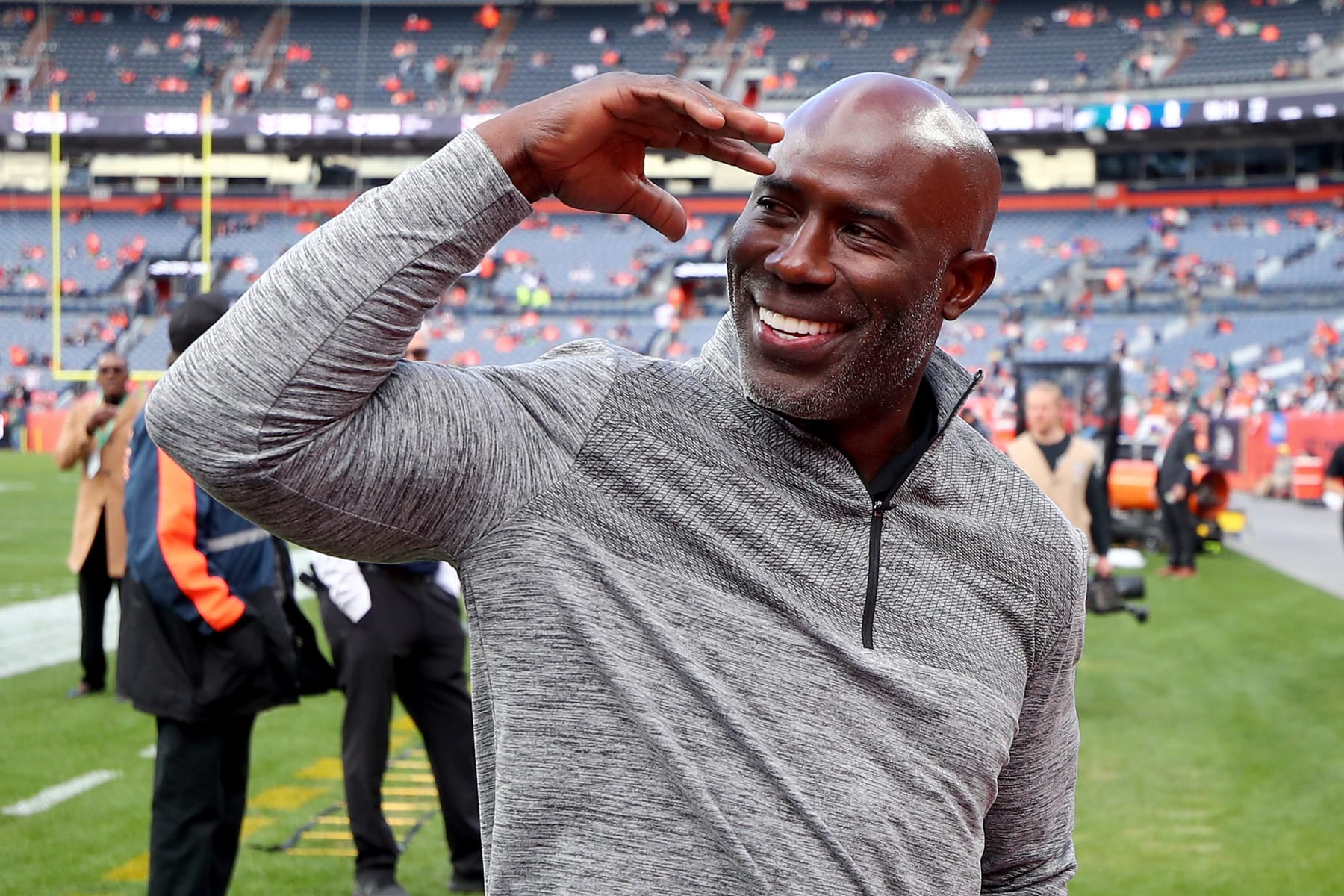 DENVER, COLORADO - NOVEMBER 14: Former Denver Broncos running back Terrell Davis reacts before a game between the Denver Broncos and the Philadelphia Eagles at Empower Field At Mile High on November 14, 2021 in Denver, Colorado. (Photo by Jamie Schwaberow/Getty Images)