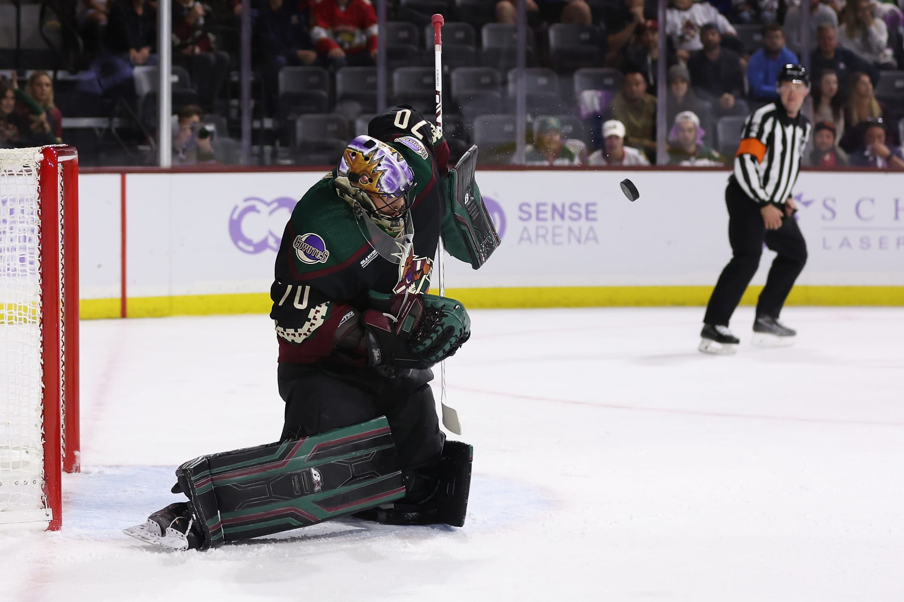 Goalie Karel Vejmelka made 41 saves in Arizona's first win at its new home rink.