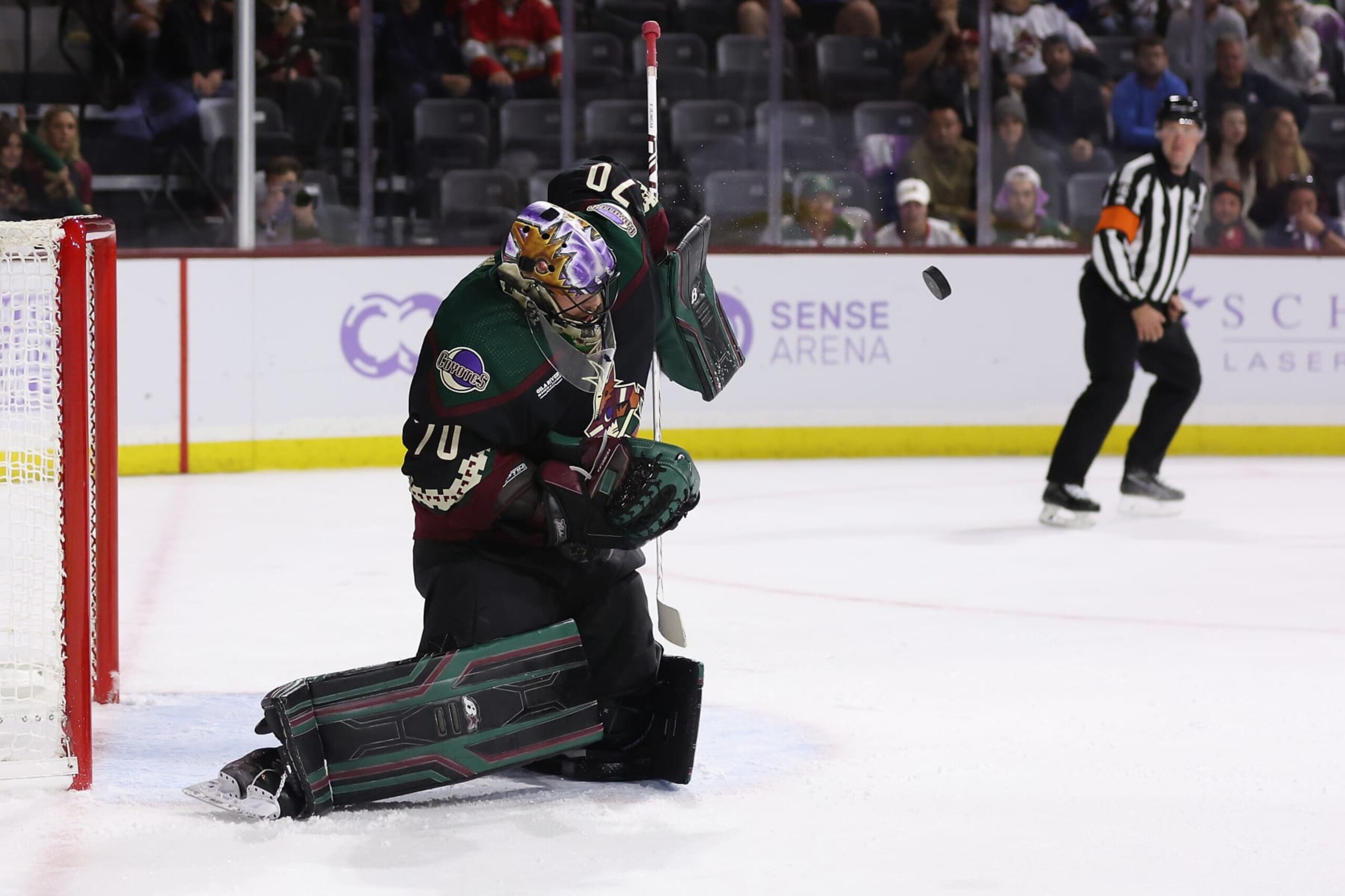 Goalie Karel Vejmelka made 41 saves in Arizona's first win at its new home rink.