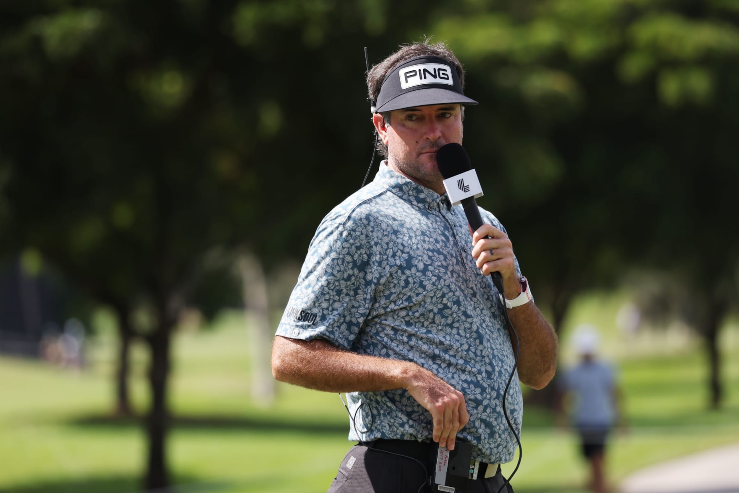 DORAL, FLORIDA - OCTOBER 28: Team Captain Bubba Watson of Niblicks GC commentates during the quarterfinals of the LIV Golf Invitational - Miami at Trump National Doral Miami on October 28, 2022 in Doral, Florida. (Photo by Jonathan Ferrey/LIV Golf via Getty Images)