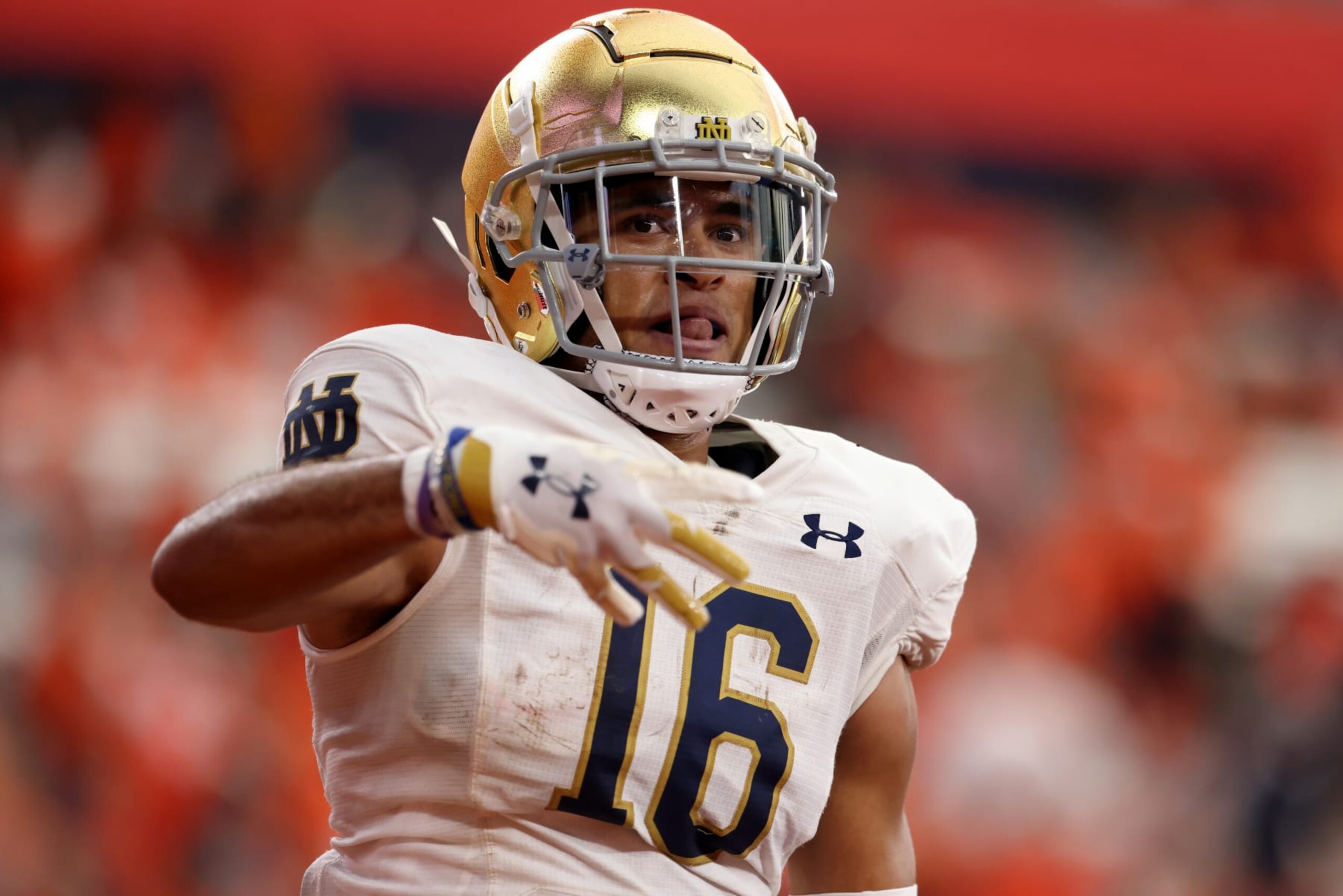 SYRACUSE, NEW YORK - OCTOBER 29: Brandon Joseph #16 of the Notre Dame Fighting Irish reacts after an interception during the fourth quarter against the Syracuse Orange at JMA Wireless Dome on October 29, 2022 in Syracuse, New York. The play was called back due to a penalty. (Photo by Bryan Bennett/Getty Images)