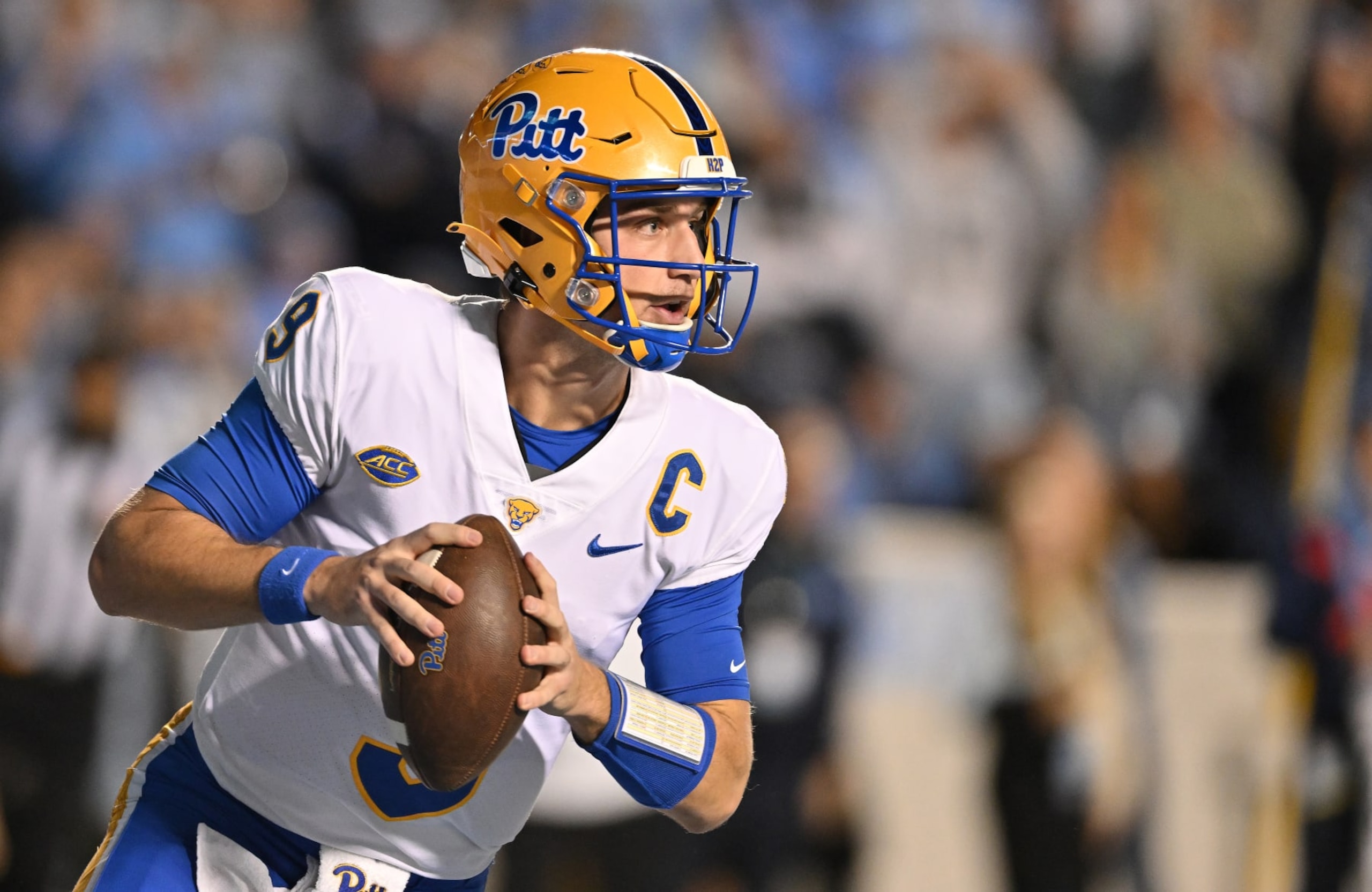 CHAPEL HILL, NORTH CAROLINA - OCTOBER 29: Kedon Slovis #9 of the Pittsburgh Panthers looks to pass against the North Carolina Tar Heels during the first half of their game at Kenan Memorial Stadium on October 29, 2022 in Chapel Hill, North Carolina. (Photo by Grant Halverson/Getty Images)