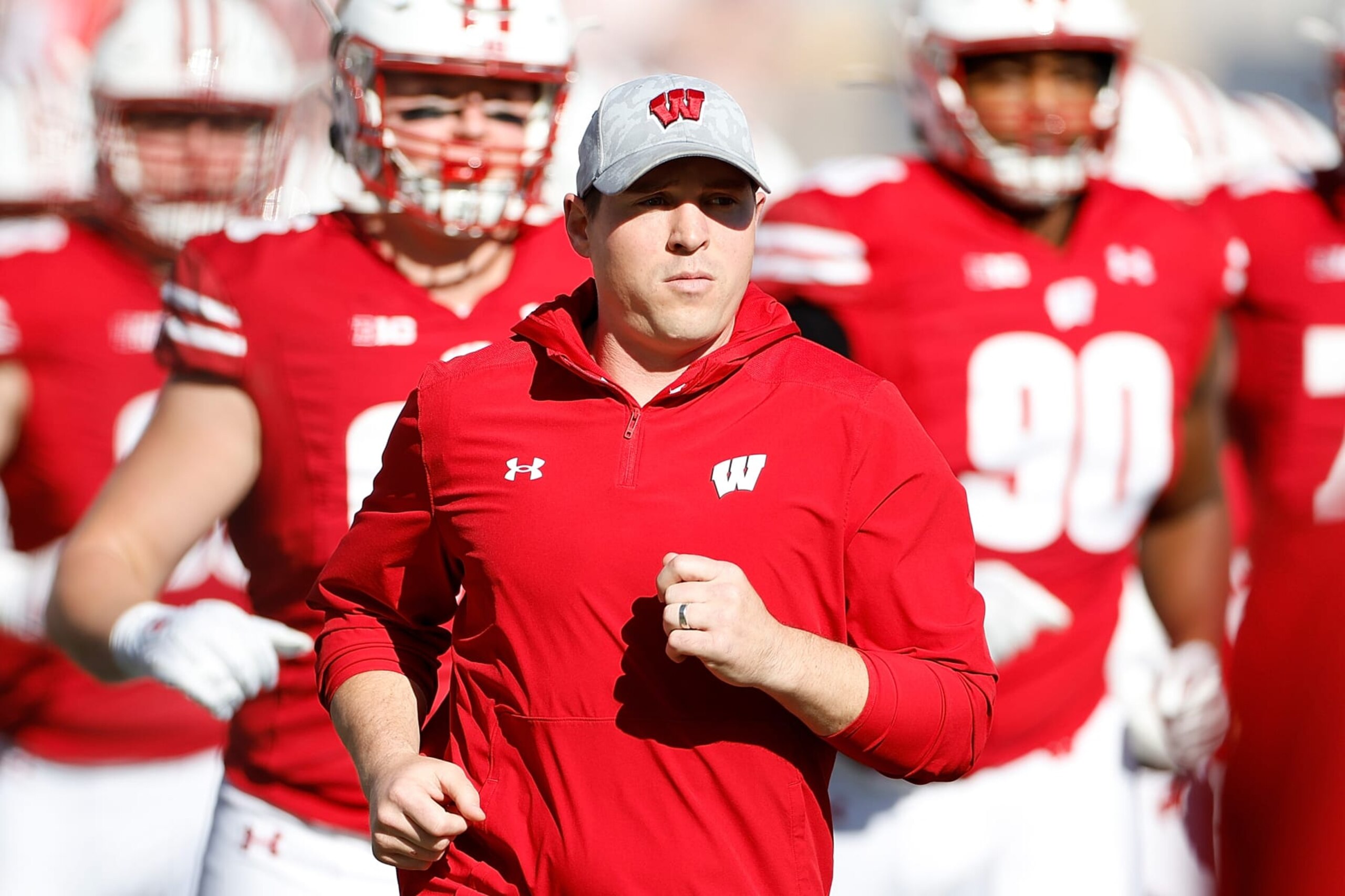 MADISON, WISCONSIN - OCTOBER 22: Head coach Jim Leonard of the Wisconsin Badgers takes the field before the game against the Purdue Boilermakers at Camp Randall Stadium on October 22, 2022 in Madison, Wisconsin. (Photo by John Fisher/Getty Images)