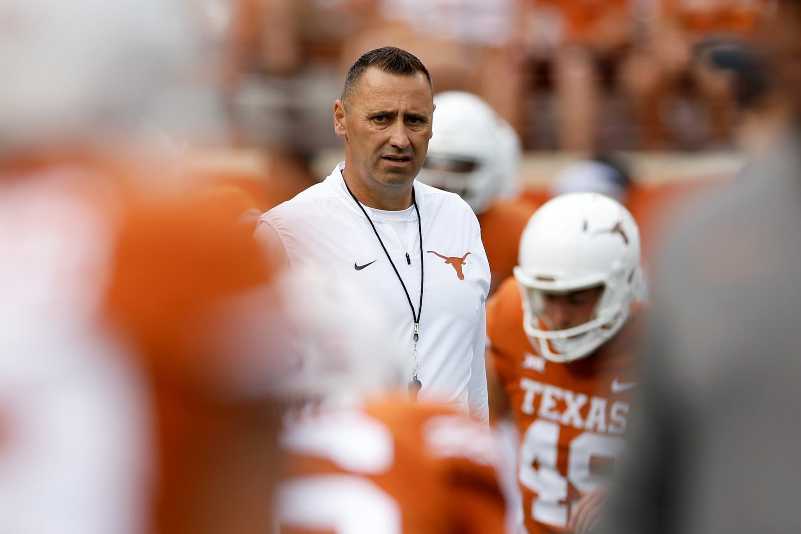 AUSTIN, TEXAS - OCTOBER 15: Head coach Steve Sarkisian of the Texas Longhorns watches players warm up before the game Iowa State Cyclones at Darrell K Royal-Texas Memorial Stadium on October 15, 2022 in Austin, Texas. (Photo by Tim Warner/Getty Images)