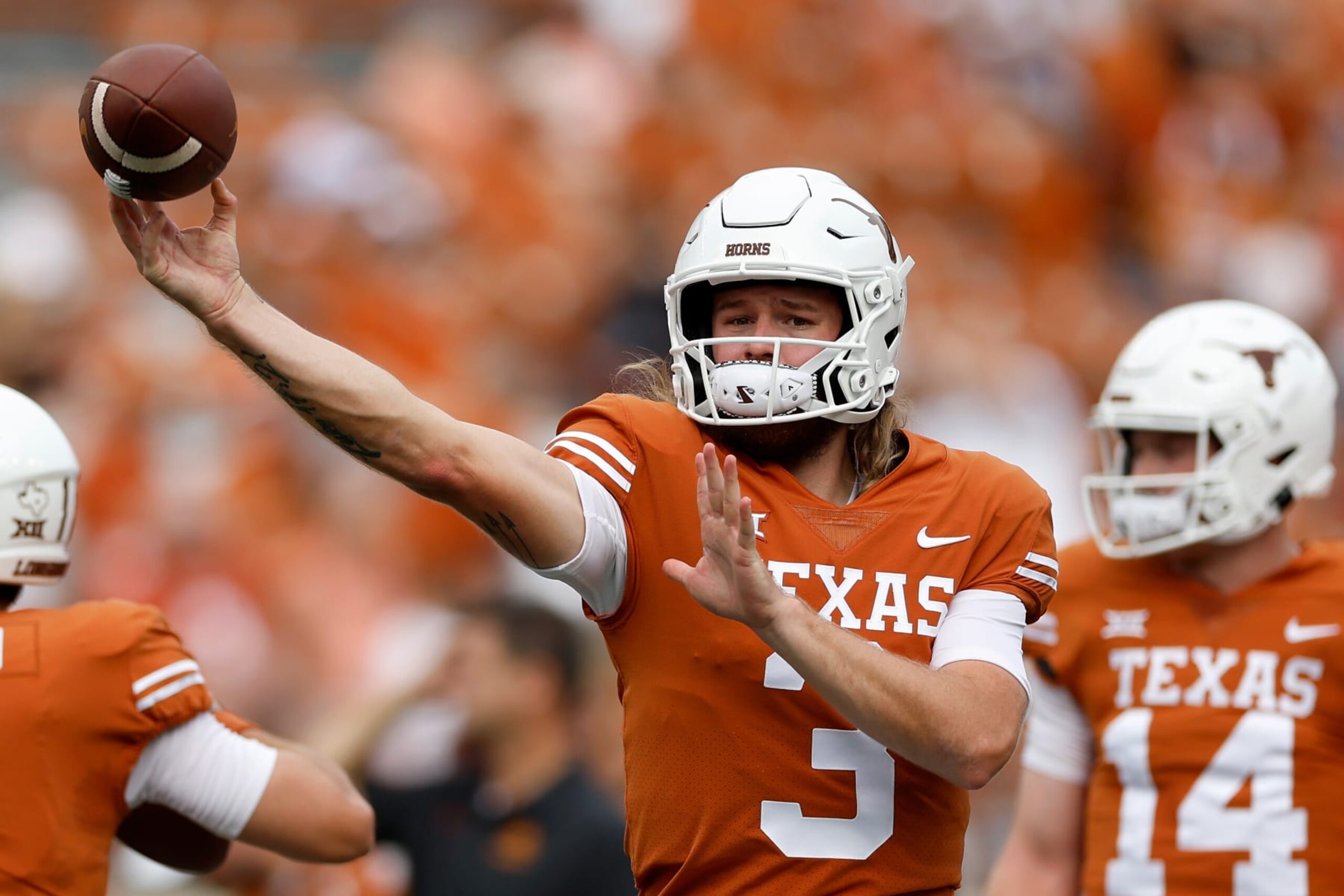 AUSTIN, TEXAS - OCTOBER 15: Quinn Ewers #3 of the Texas Longhorns throws a pass before the game against the Iowa State Cyclones at Darrell K Royal-Texas Memorial Stadium on October 15, 2022 in Austin, Texas. (Photo by Tim Warner/Getty Images)