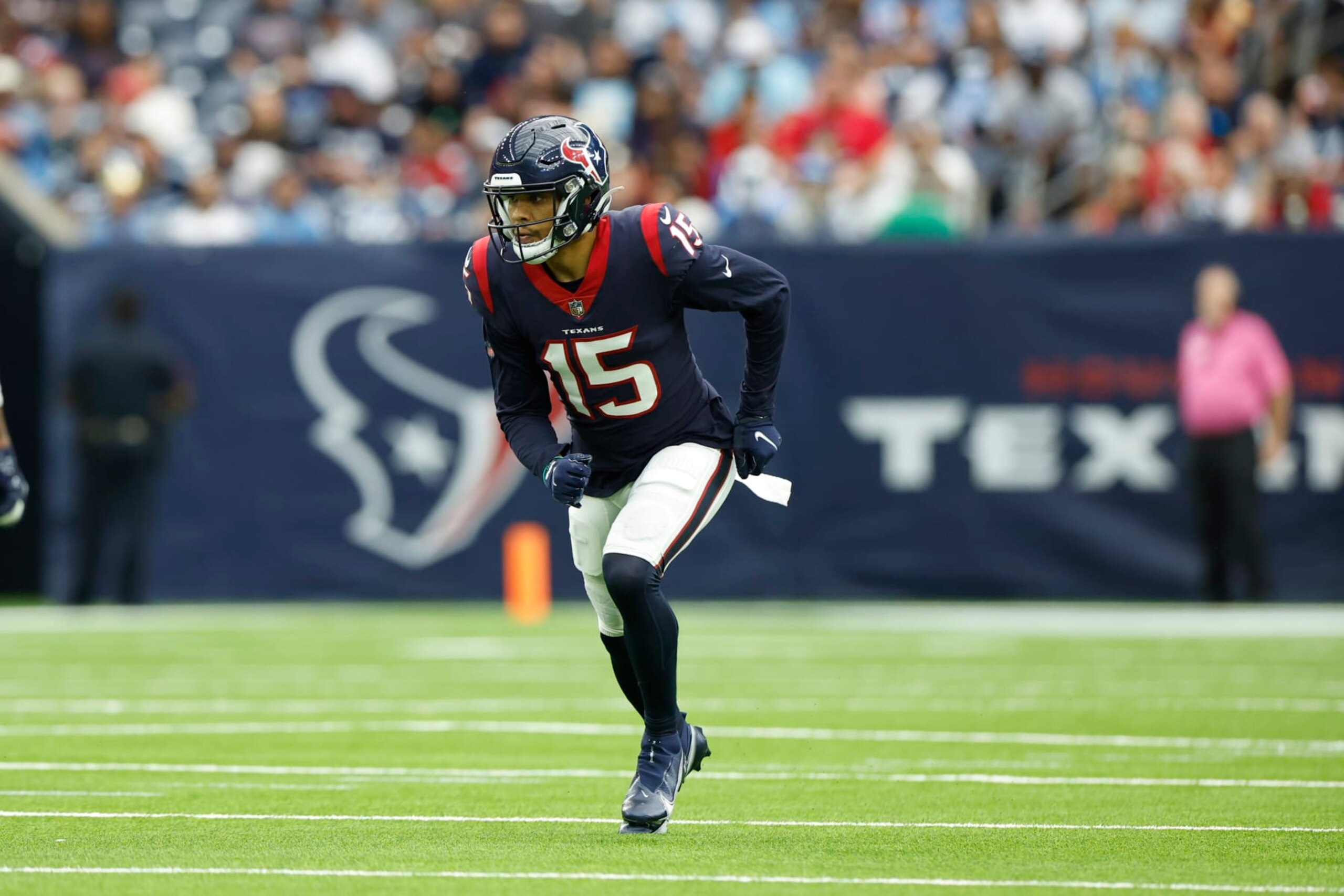 Houston Texans wide receiver Chris Moore (15) runs a pass route during an NFL football game against the Tennessee Titans on Sunday, October 30, 2022, in Houston. (AP Photo/Matt Patterson)